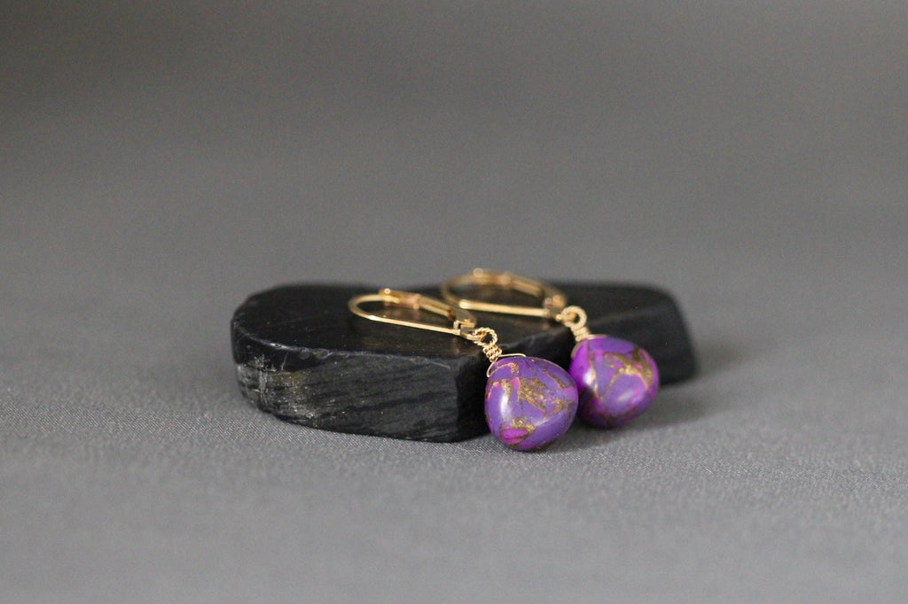 Purple Copper Turquoise Teardrop Earrings on Gold Filled Leverbacks