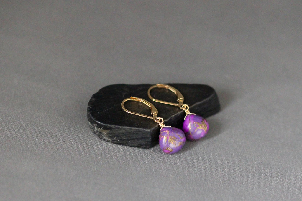 Purple Copper Turquoise Teardrop Earrings on Gold Filled Leverbacks