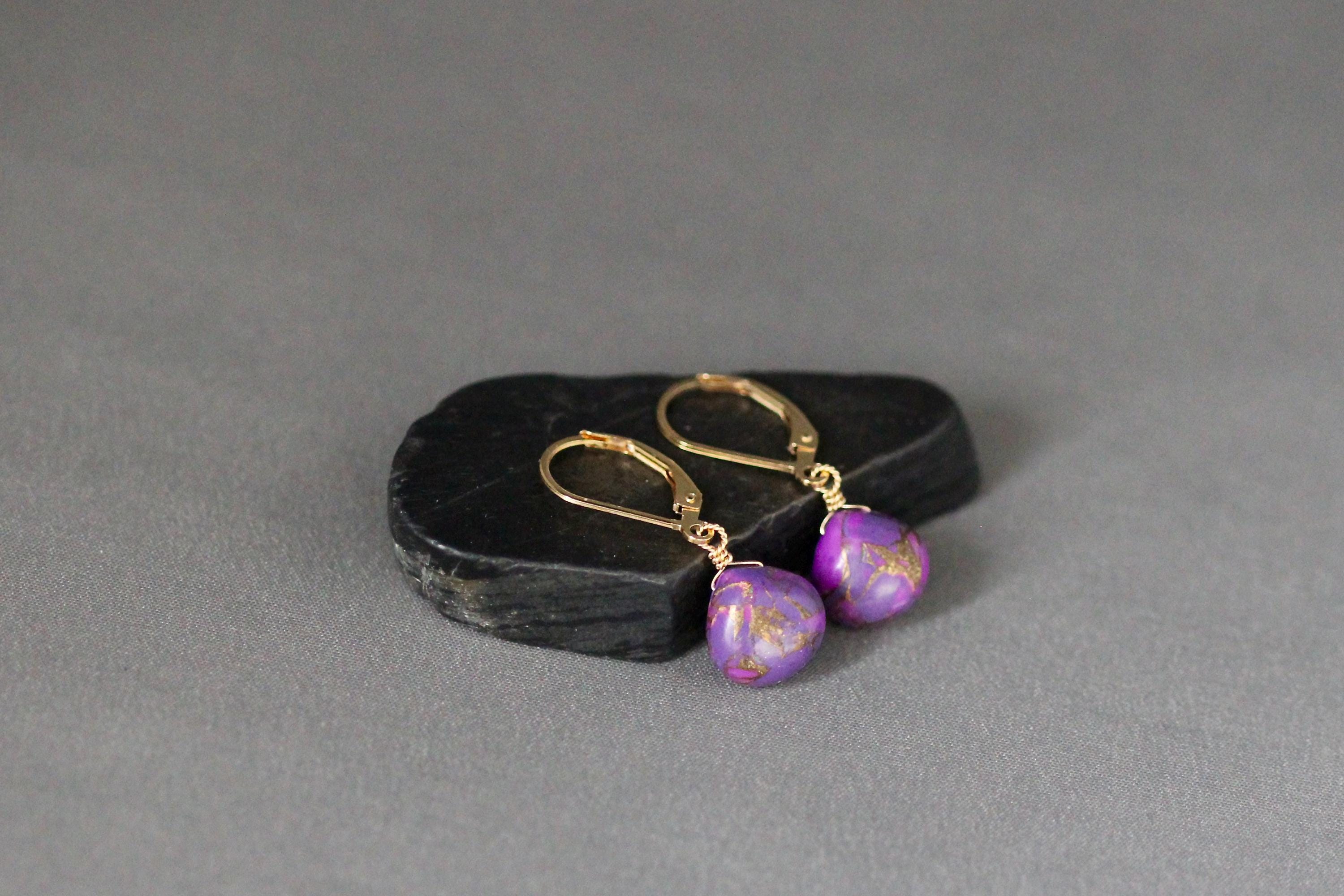 Purple Copper Turquoise Teardrop Earrings on Gold Filled Leverbacks