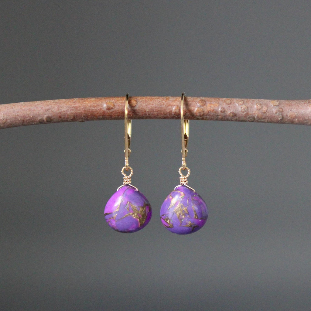 Purple Copper Turquoise Teardrop Earrings on Gold Filled Leverbacks