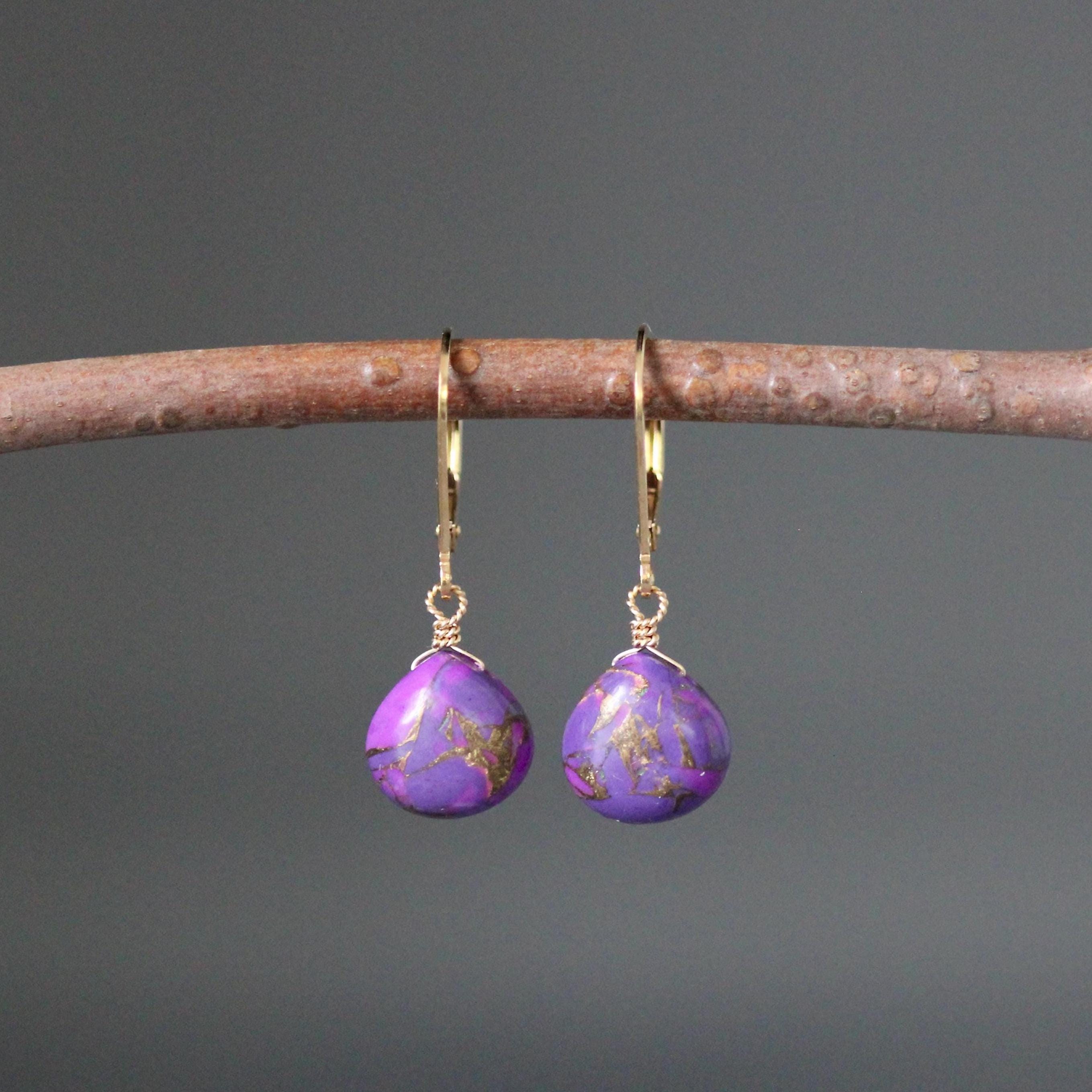 Purple Copper Turquoise Teardrop Earrings on Gold Filled Leverbacks