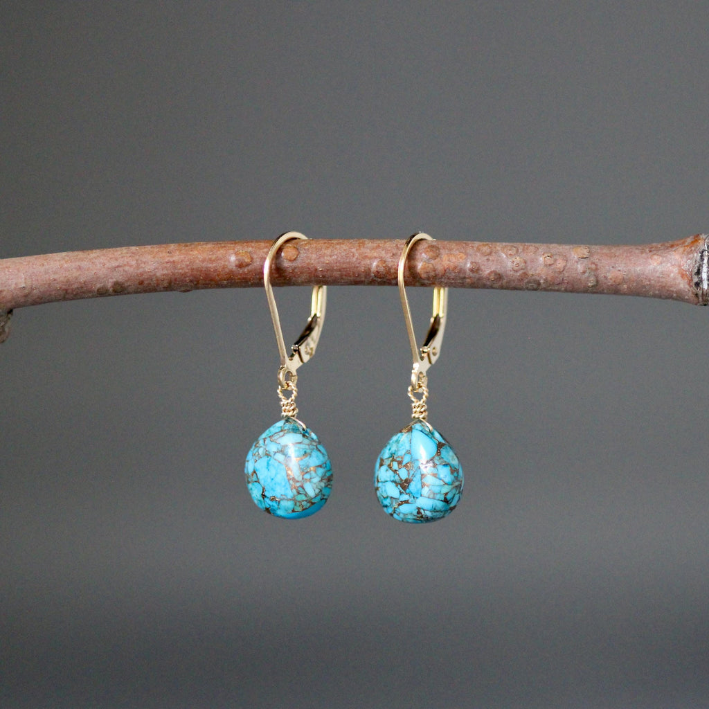 Blue Copper Turquoise Teardrop Earrings on Gold Filled Leverbacks