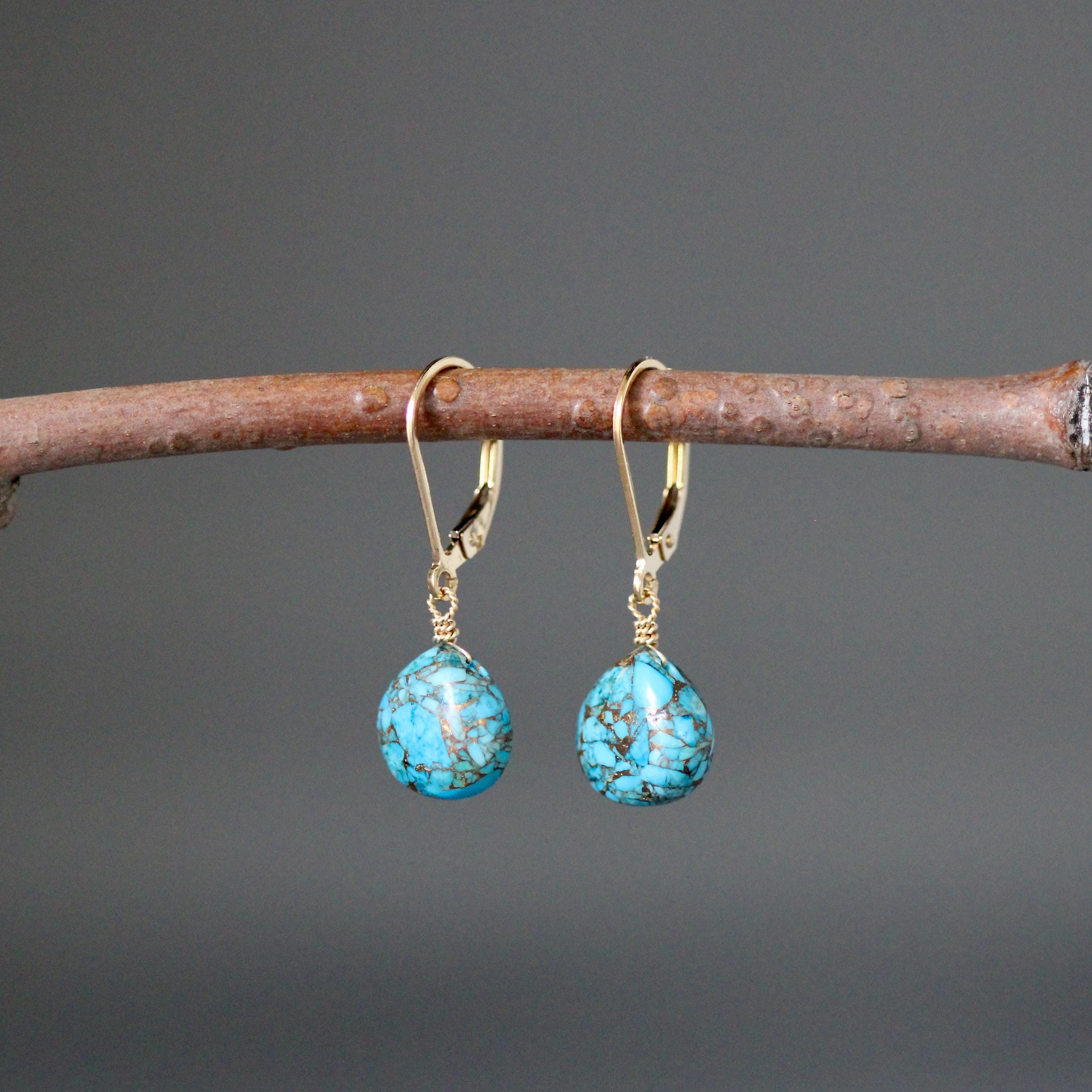 Blue Copper Turquoise Teardrop Earrings on Gold Filled Leverbacks