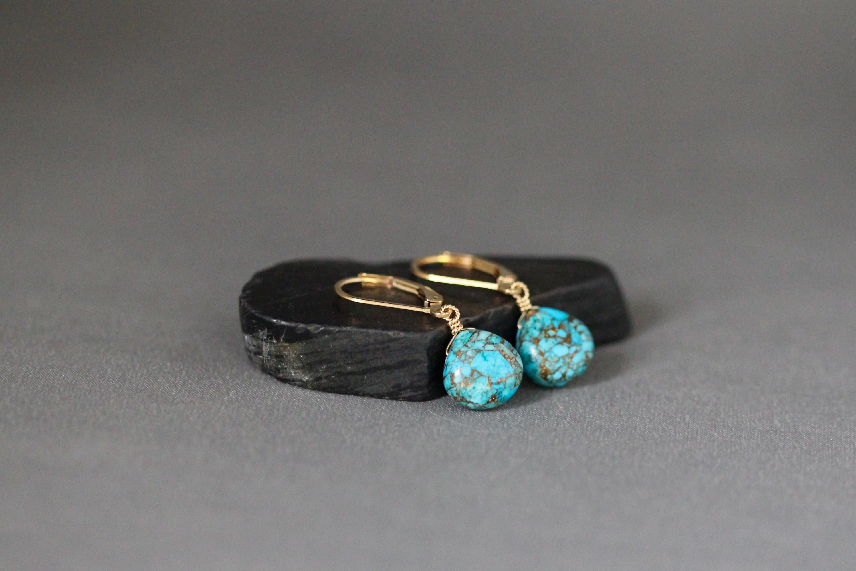 Blue Copper Turquoise Teardrop Earrings on Gold Filled Leverbacks