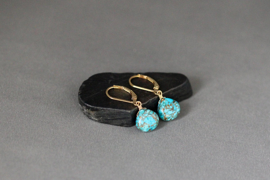 Blue Copper Turquoise Teardrop Earrings on Gold Filled Leverbacks