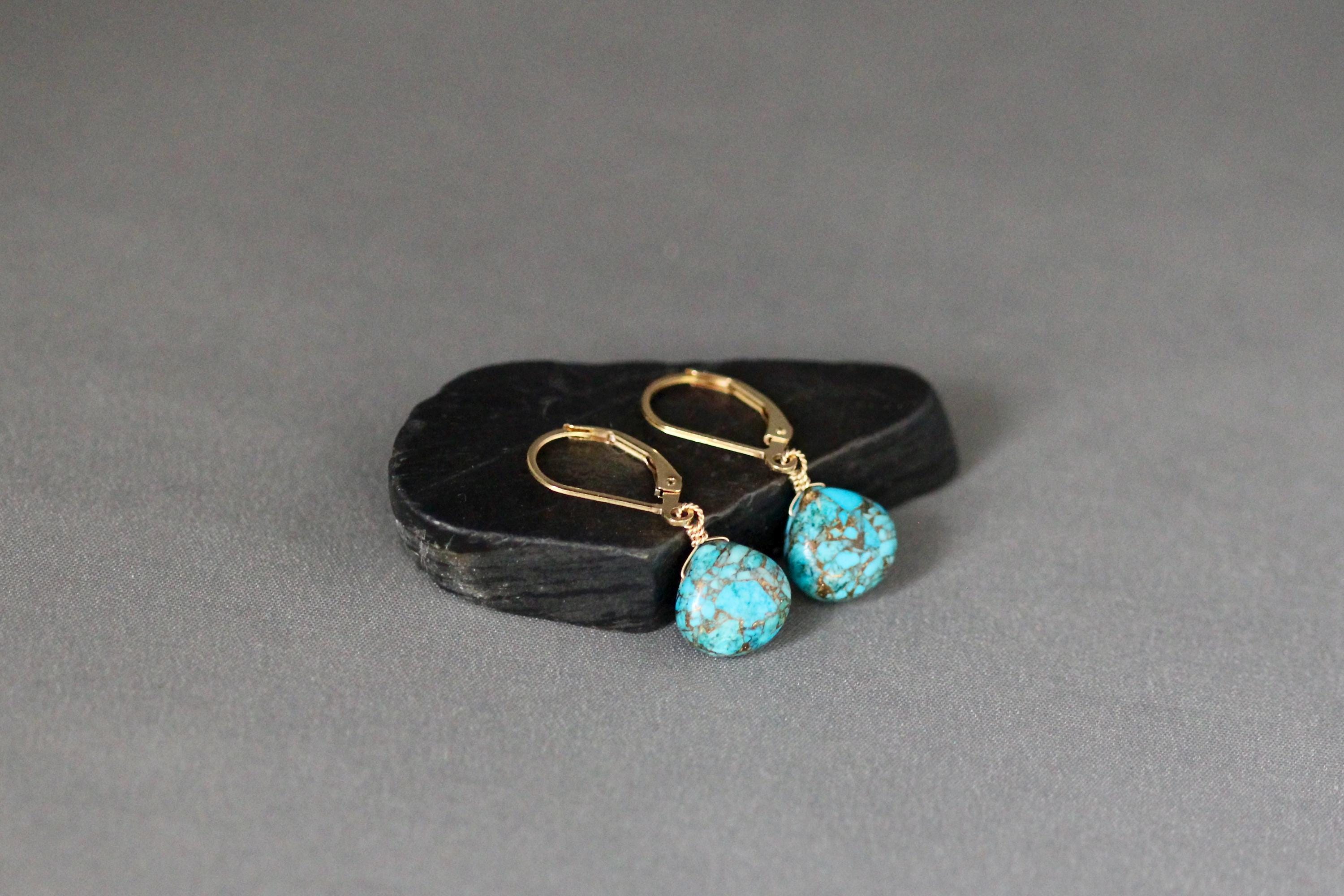 Blue Copper Turquoise Teardrop Earrings on Gold Filled Leverbacks