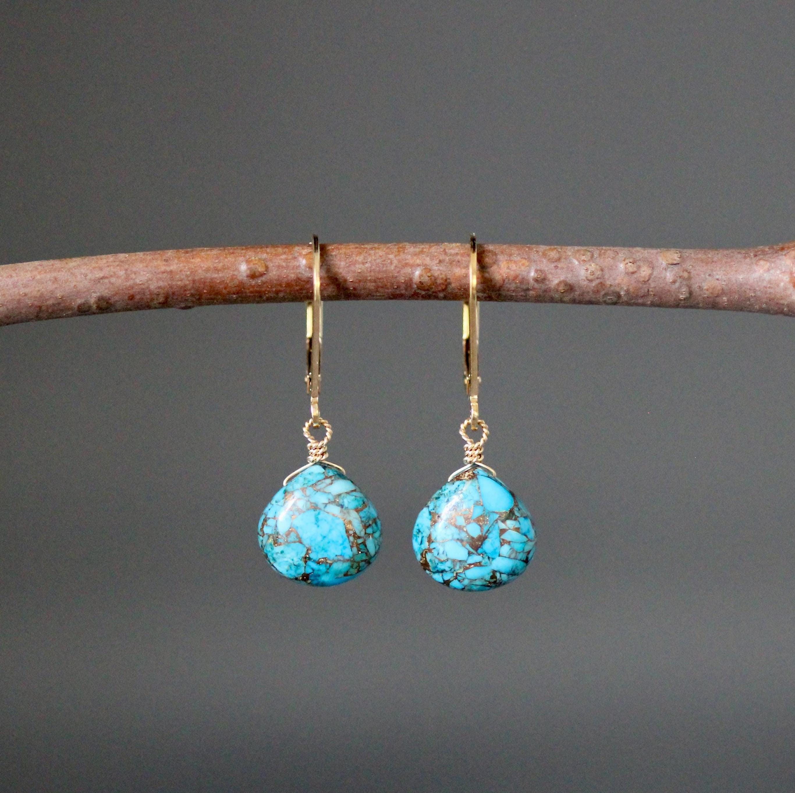 Blue Copper Turquoise Teardrop Earrings on Gold Filled Leverbacks