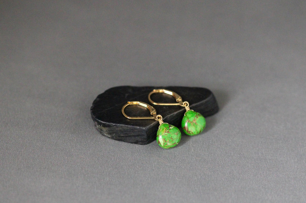 Green Copper Turquoise Teardrop Dangle Earrings in Gold Filled