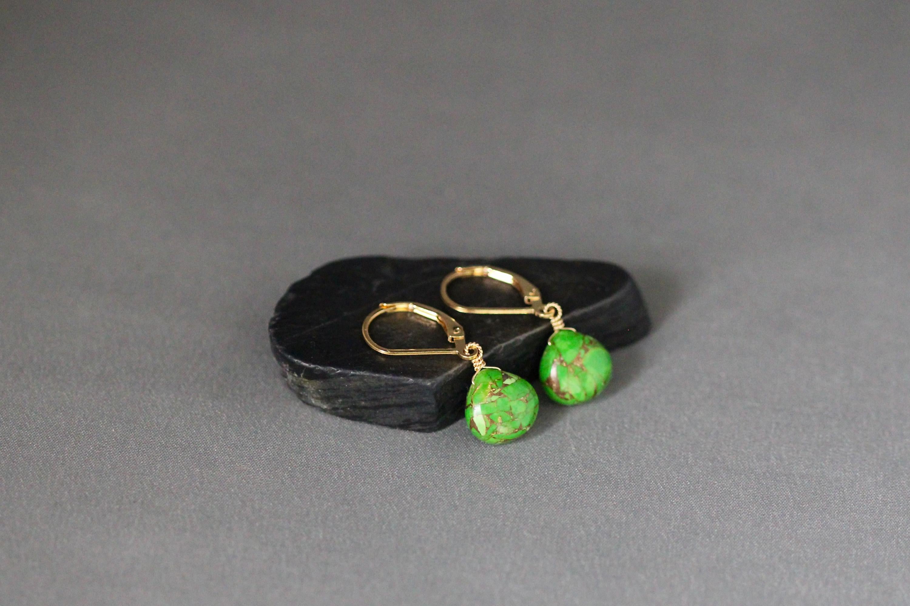 Green Copper Turquoise Teardrop Dangle Earrings in Gold Filled
