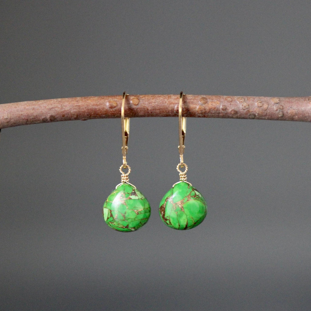 Green Copper Turquoise Teardrop Dangle Earrings in Gold Filled