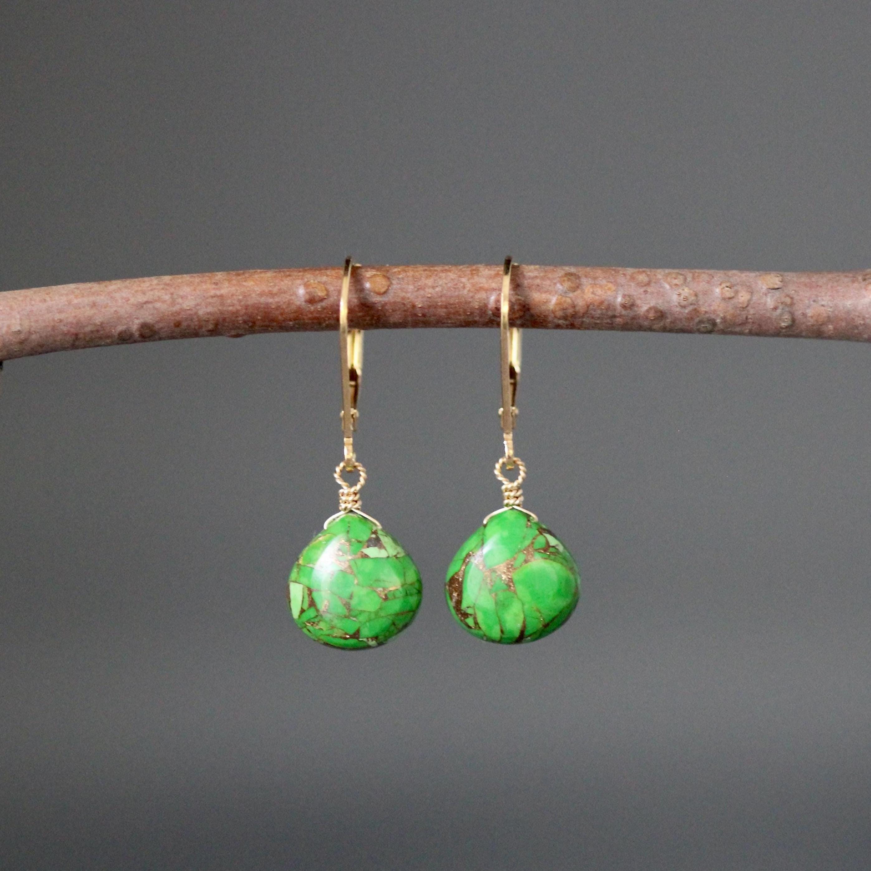 Green Copper Turquoise Teardrop Dangle Earrings in Gold Filled