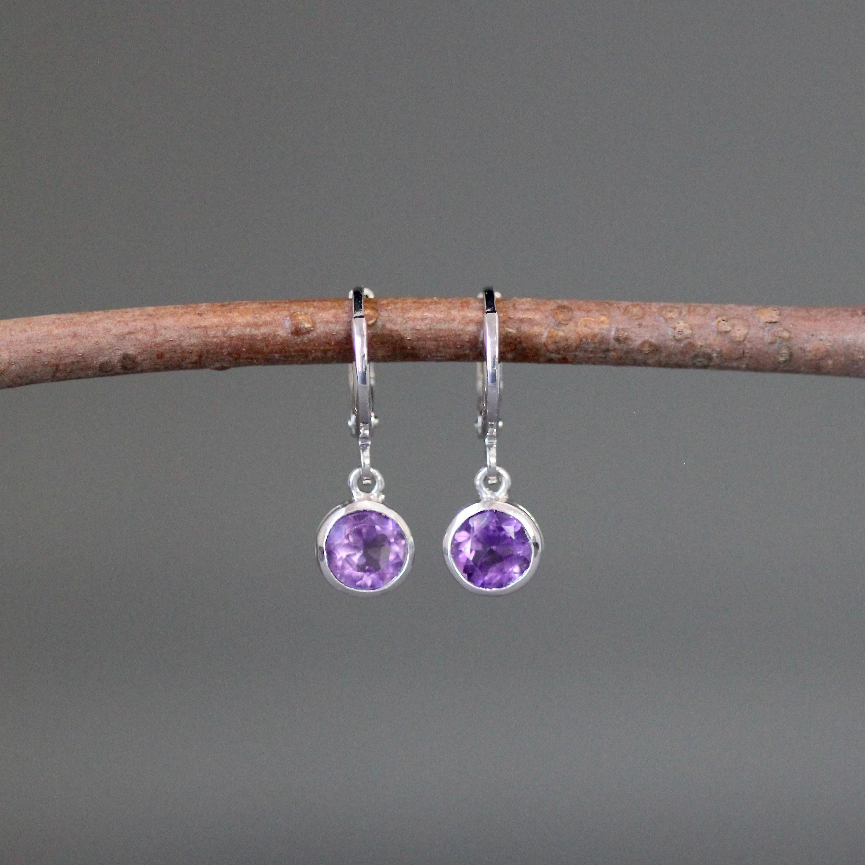 Amethyst Bezel Dangle Earrings on Sterling Silver Leverback Hoops