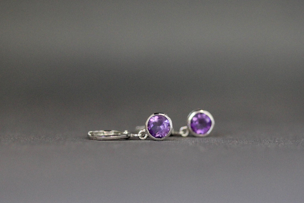 Amethyst Bezel Dangle Earrings on Sterling Silver Leverback Hoops
