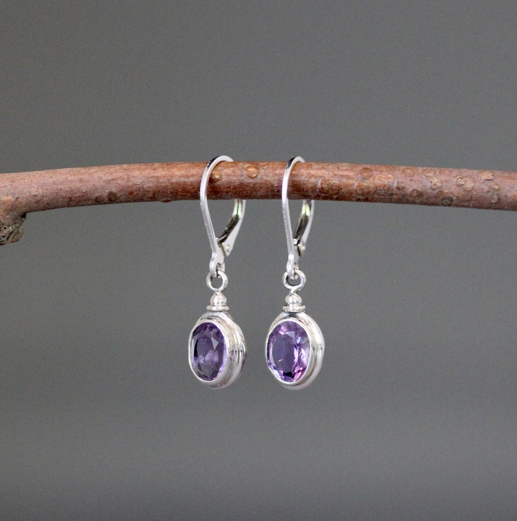 Amethyst Bezel Earrings on Bali Sterling Silver Charm Leverbacks