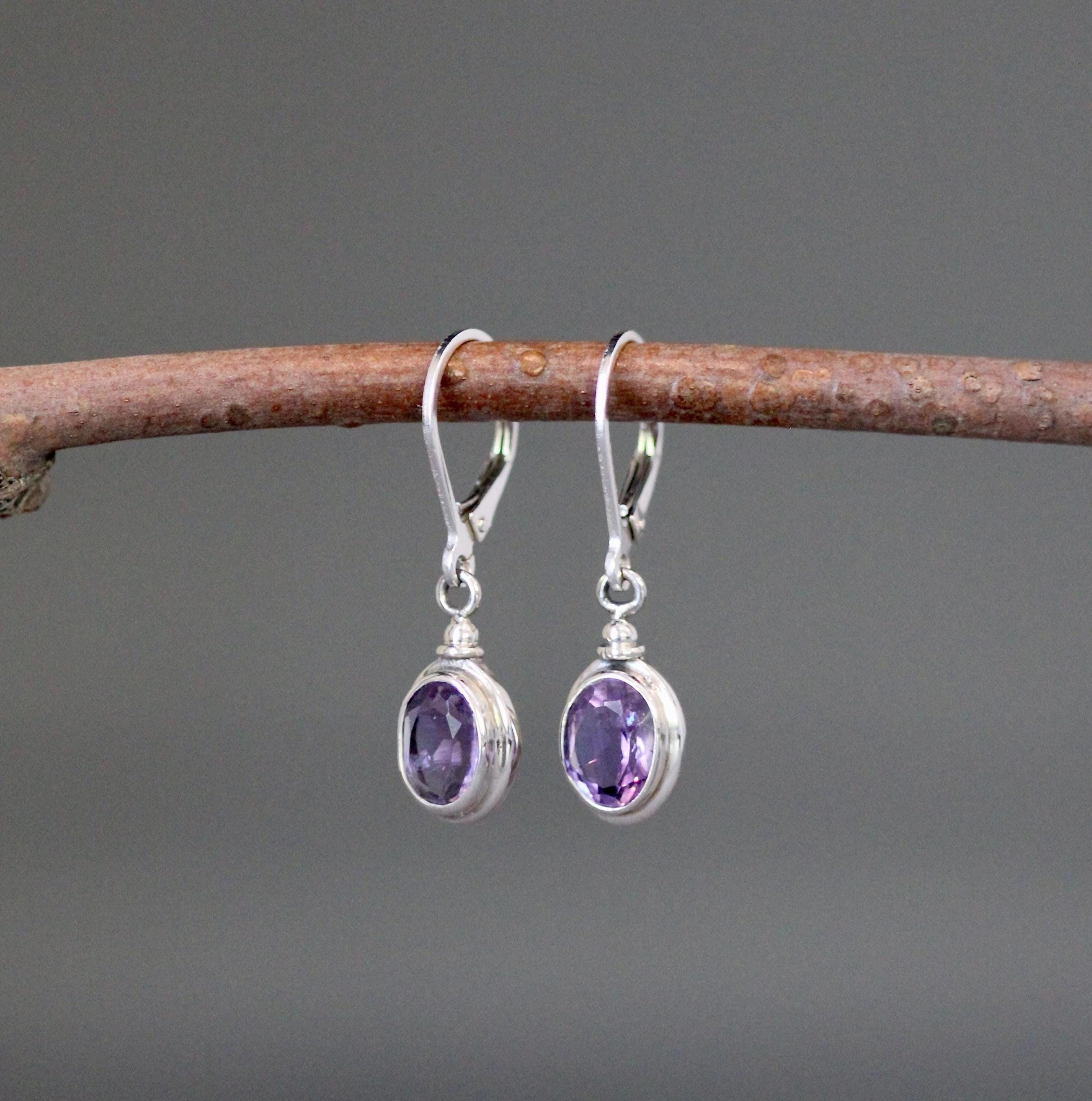 Amethyst Bezel Earrings on Bali Sterling Silver Charm Leverbacks