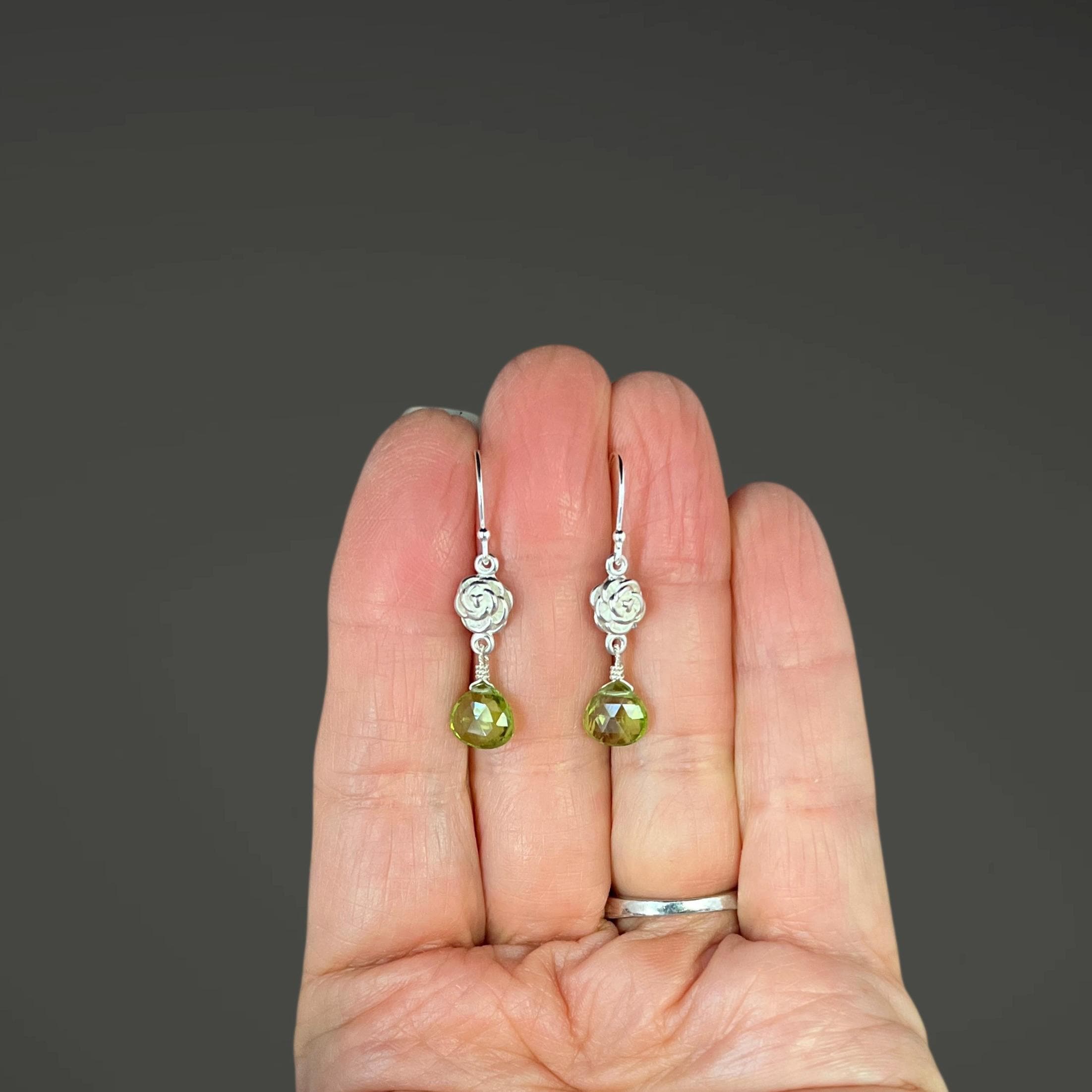 Peridot Teardrop Earrings on Bali Sterling Silver Flower Links