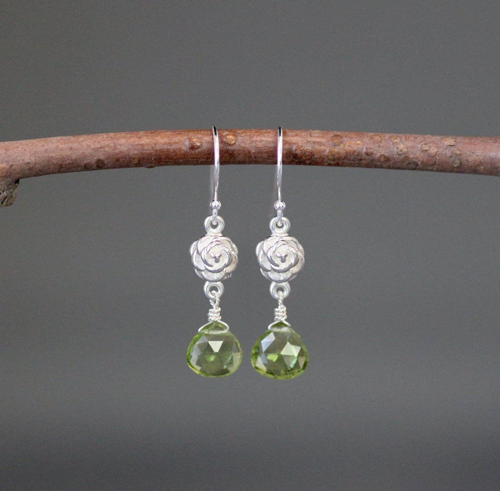 Peridot Teardrop Earrings on Bali Sterling Silver Flower Links