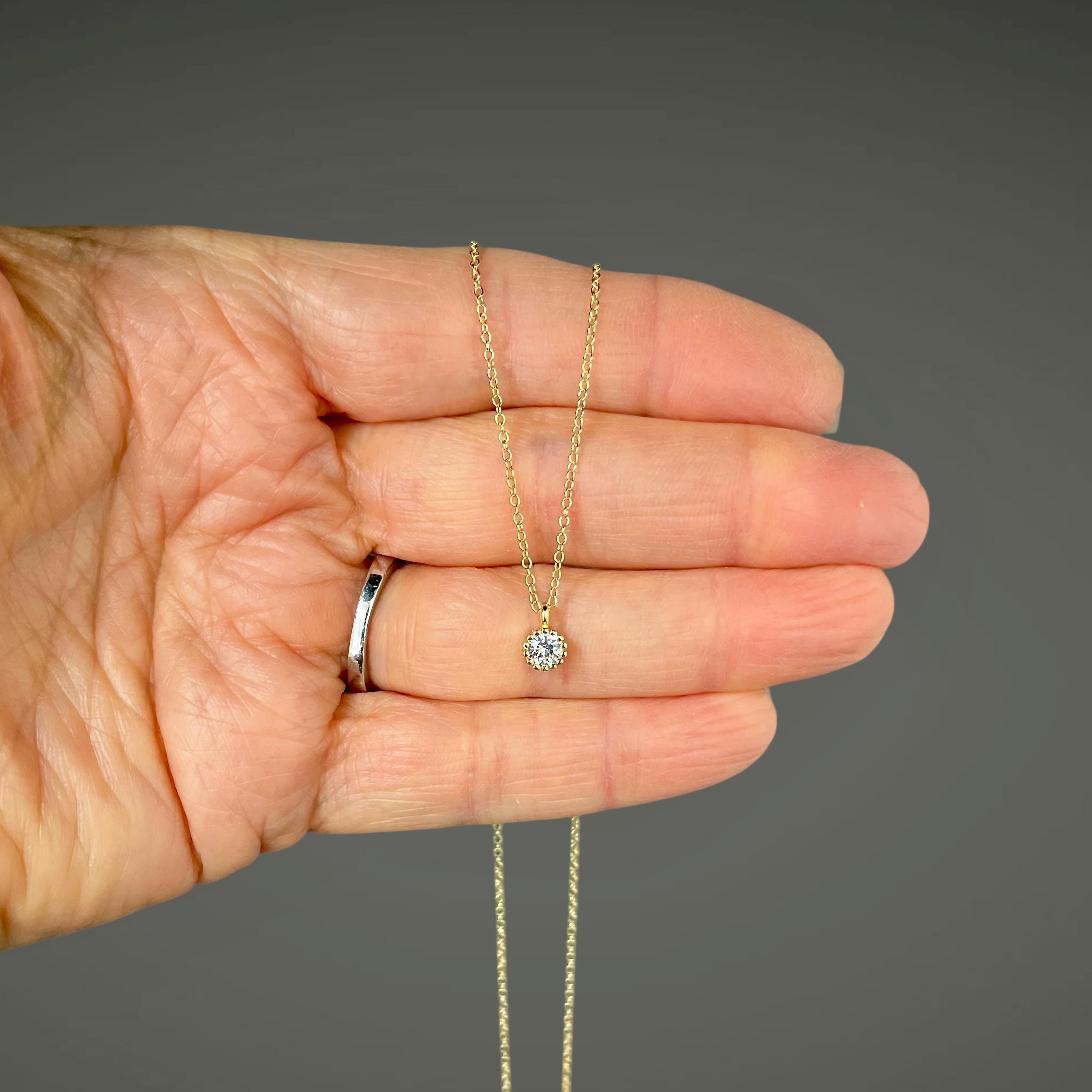 Cubic Zirconia Bezel Pendant Necklace in Gold Vermeil on a Gold Filled Chain