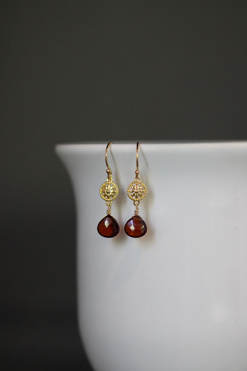 Garnet Quartz Teardrop Dangle Earrings on Gold Vermeil Flower Links