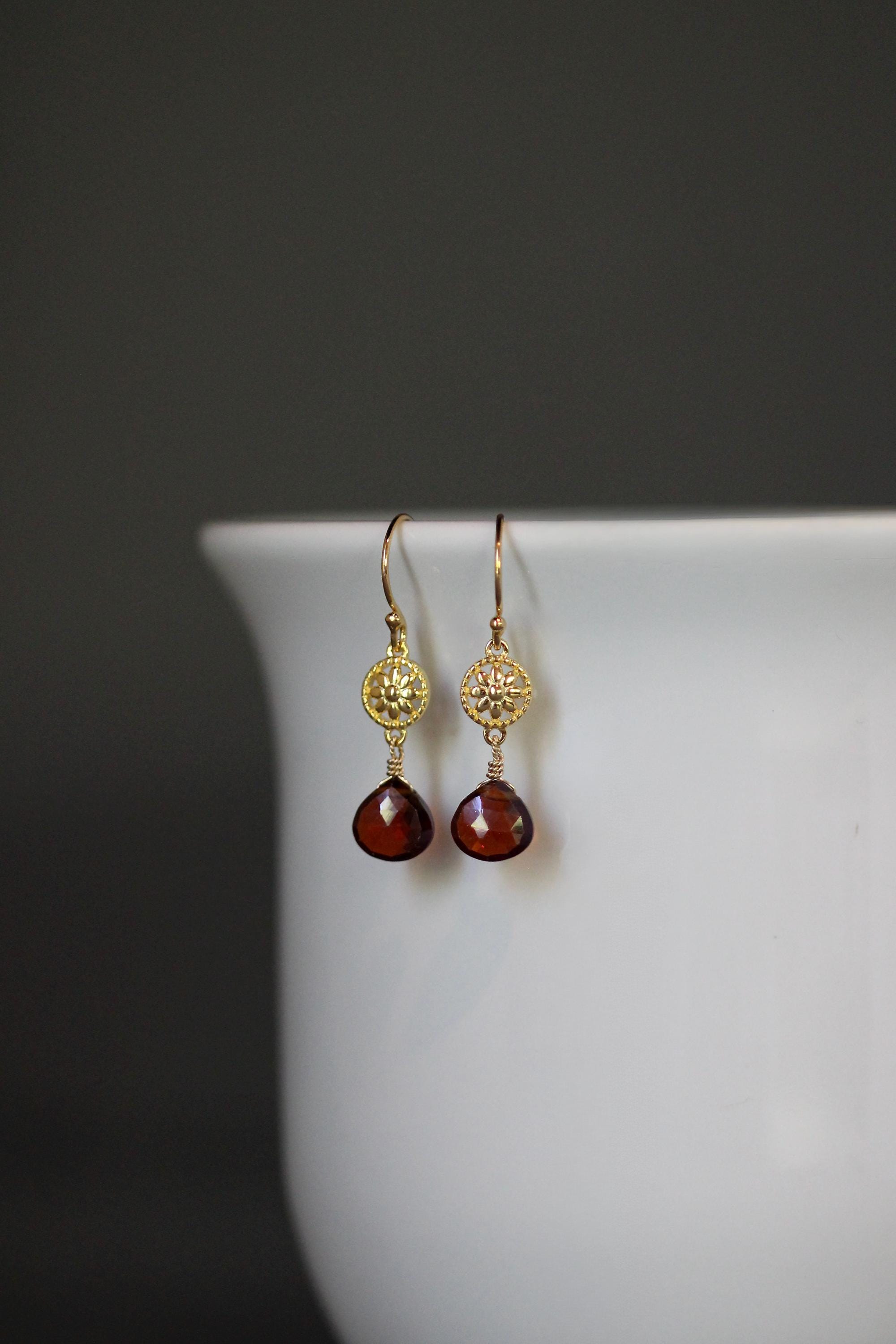Garnet Quartz Teardrop Dangle Earrings on Gold Vermeil Flower Links