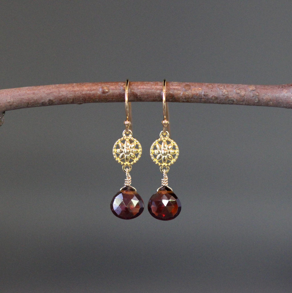 Garnet Quartz Teardrop Dangle Earrings on Gold Vermeil Flower Links