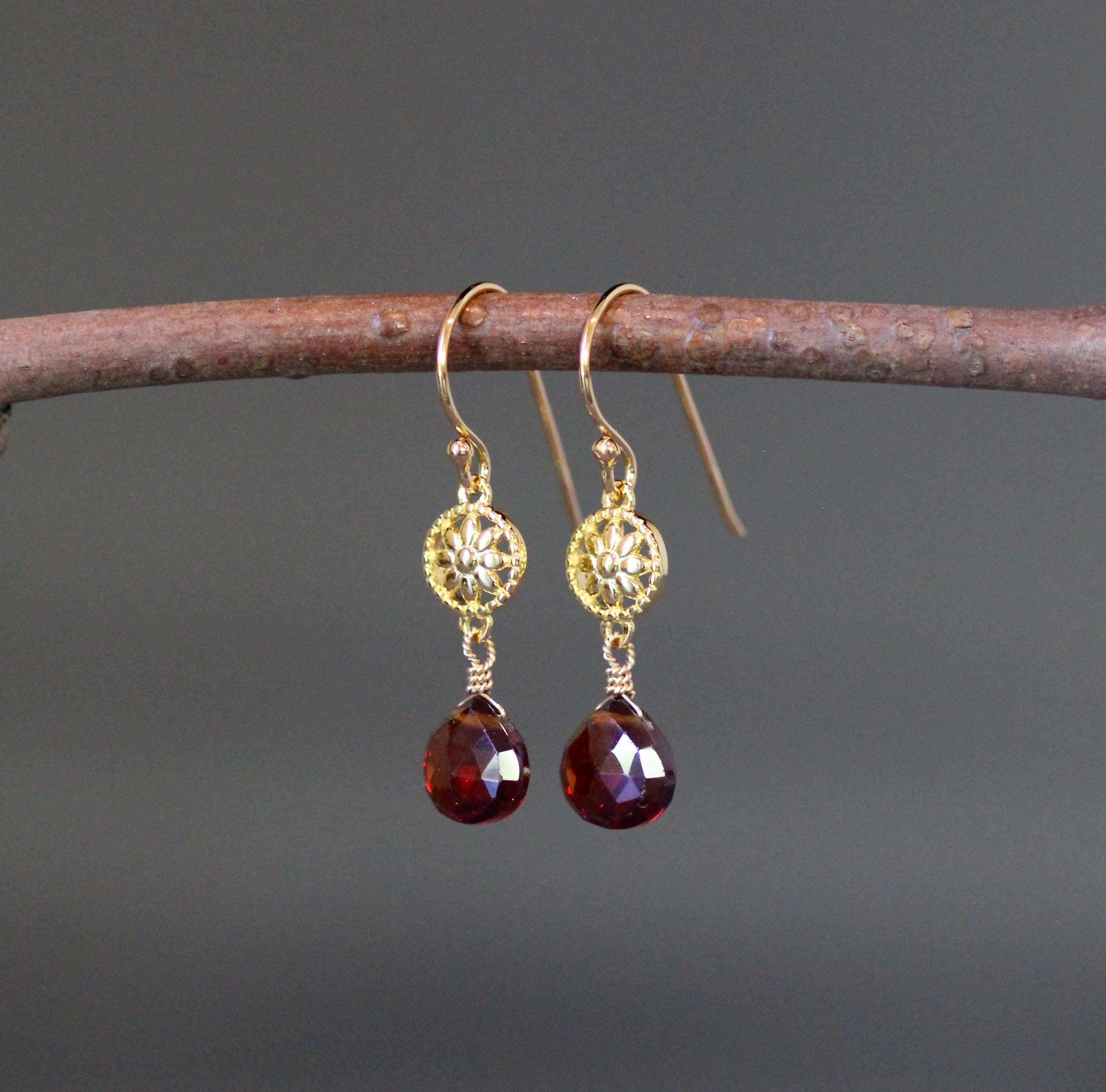 Garnet Quartz Teardrop Dangle Earrings on Gold Vermeil Flower Links
