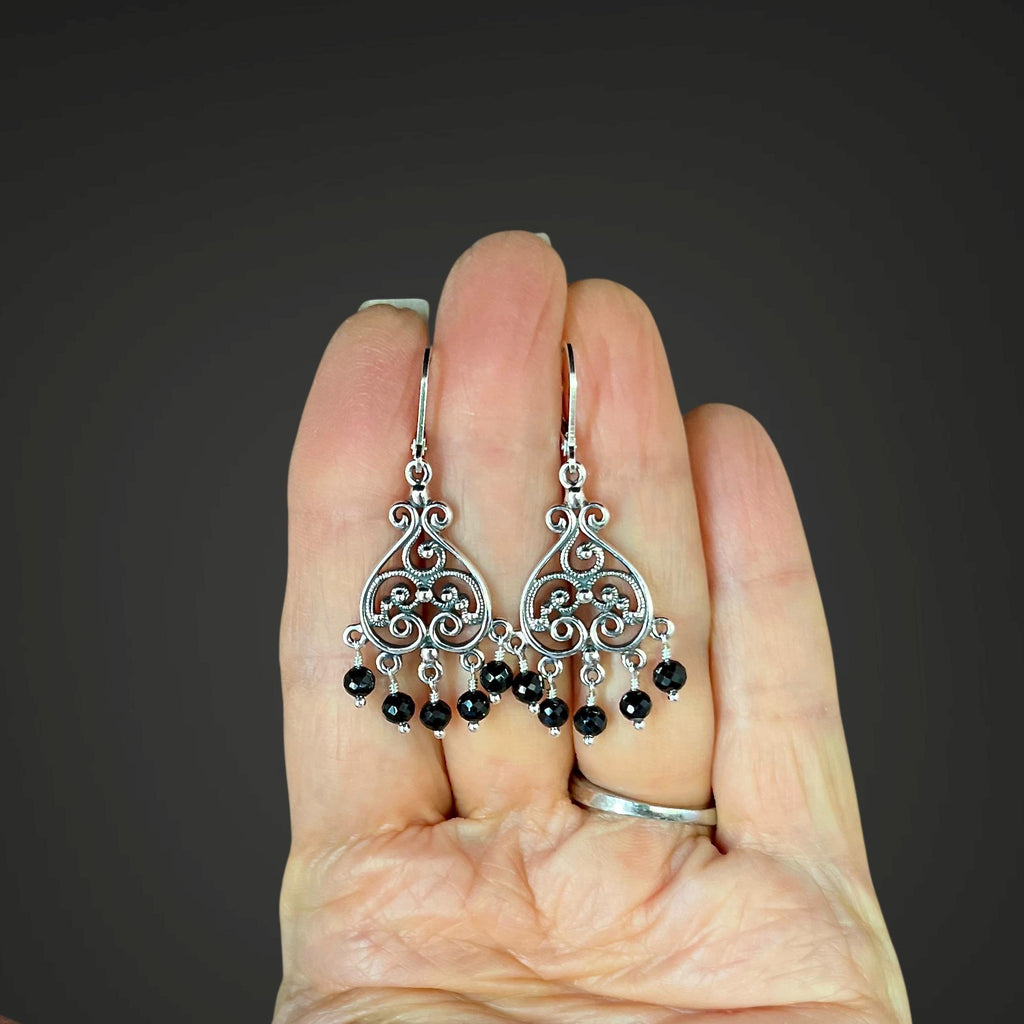 Black Spinel and Bali Silver Filigree Chandelier Earrings