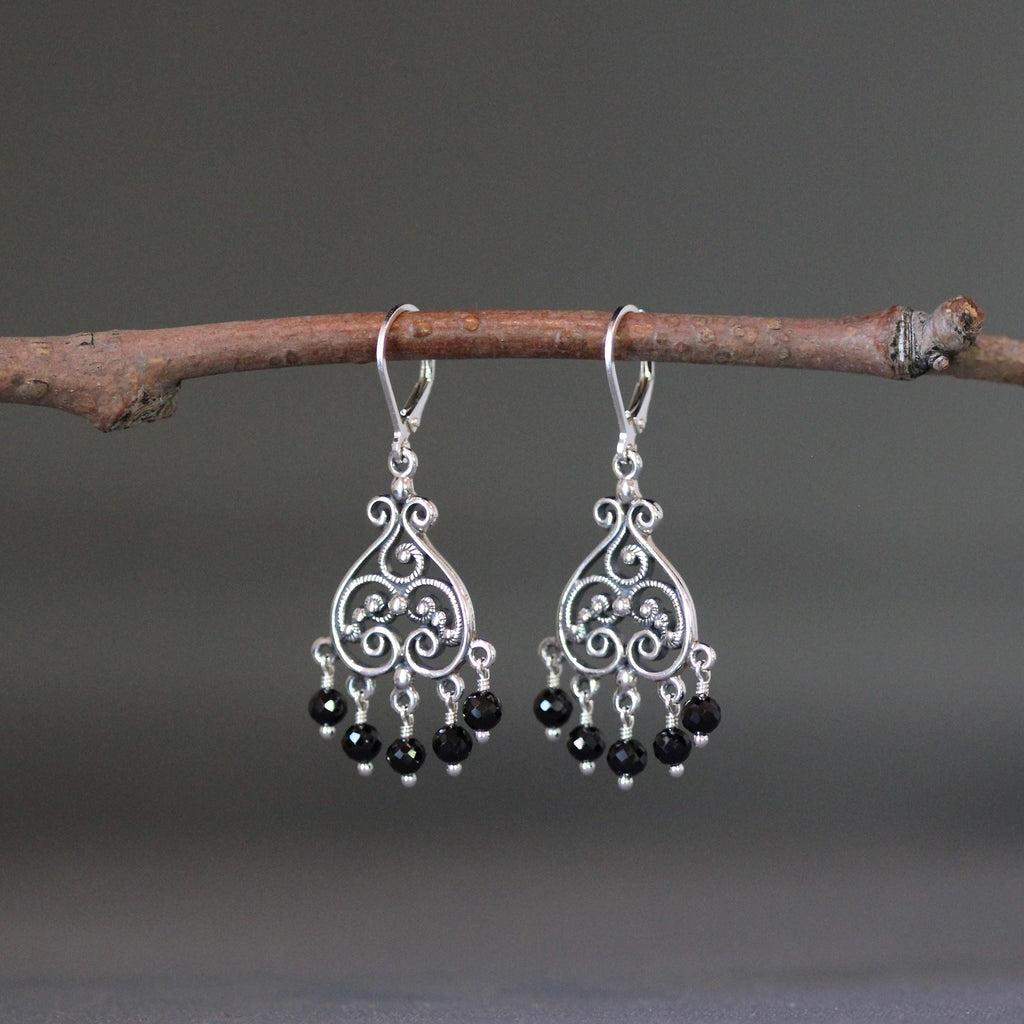 Black Spinel and Bali Silver Filigree Chandelier Earrings