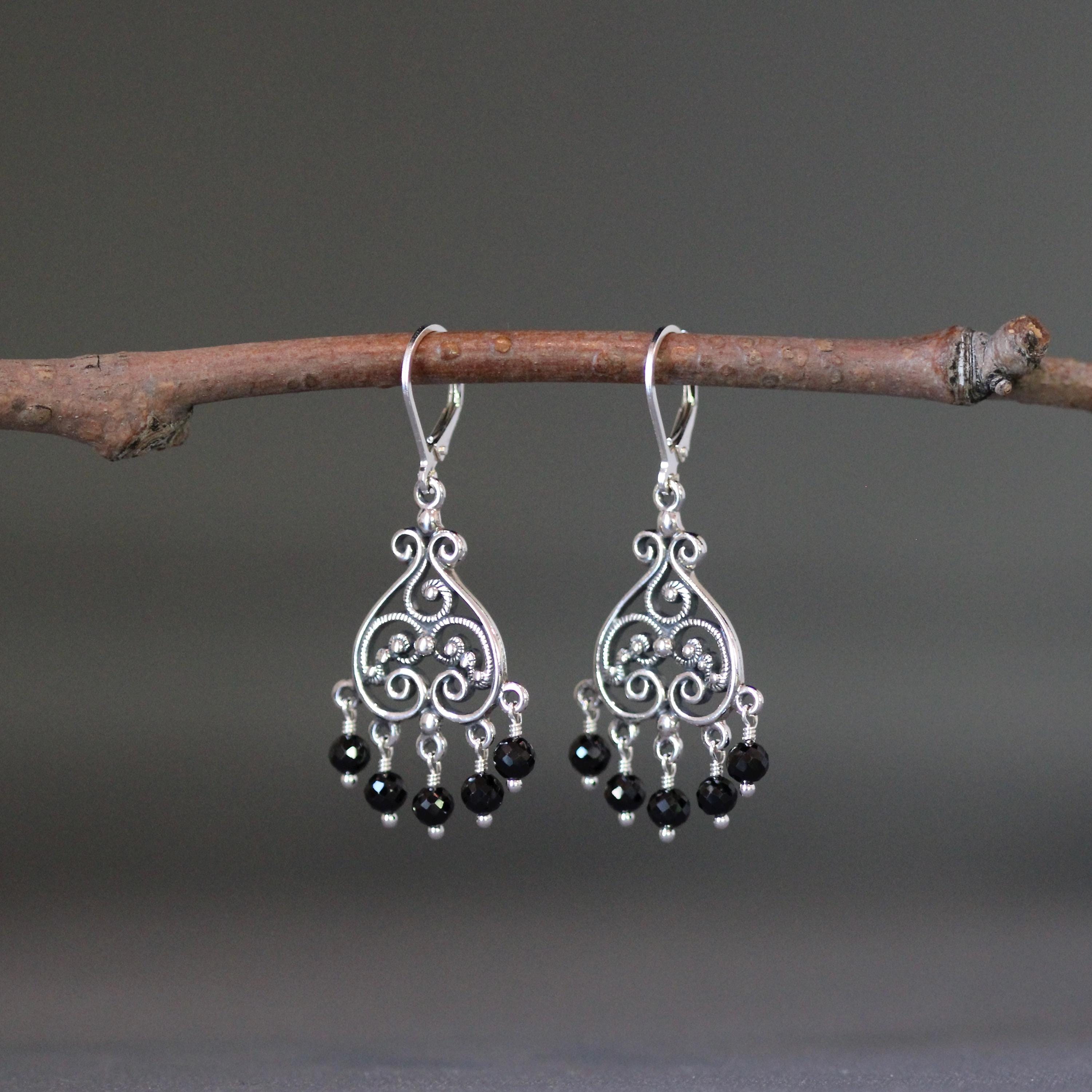 Black Spinel and Bali Silver Filigree Chandelier Earrings