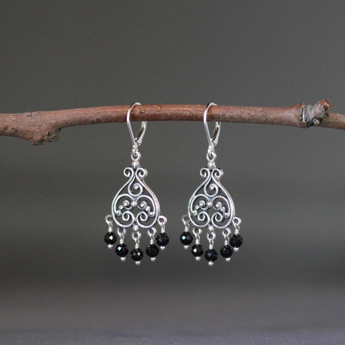 Black Spinel and Bali Silver Filigree Chandelier Earrings