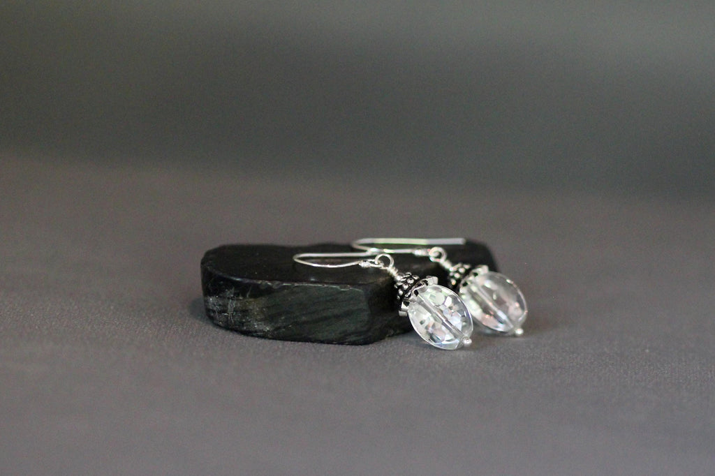 Quartz Crystal Dangle Earrings with Bali Sterling Silver Caps