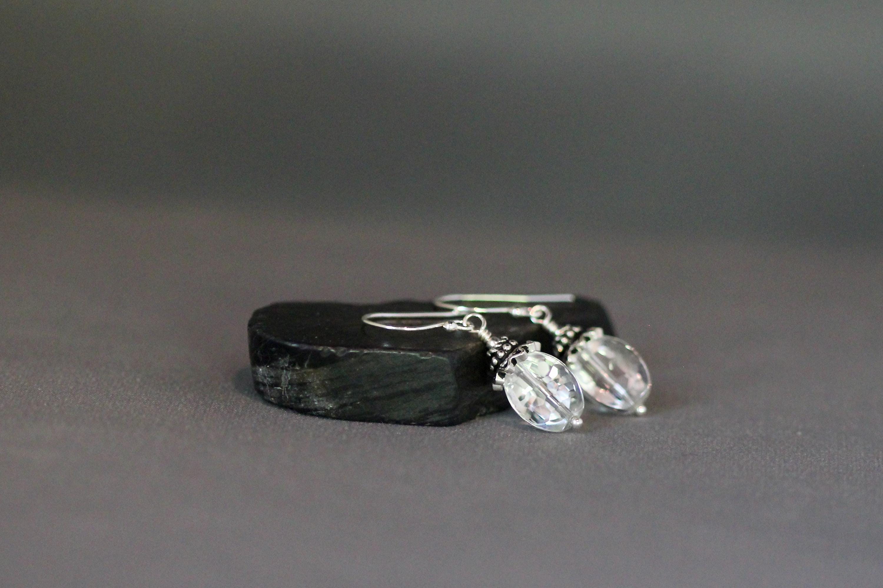 Quartz Crystal Dangle Earrings with Bali Sterling Silver Caps