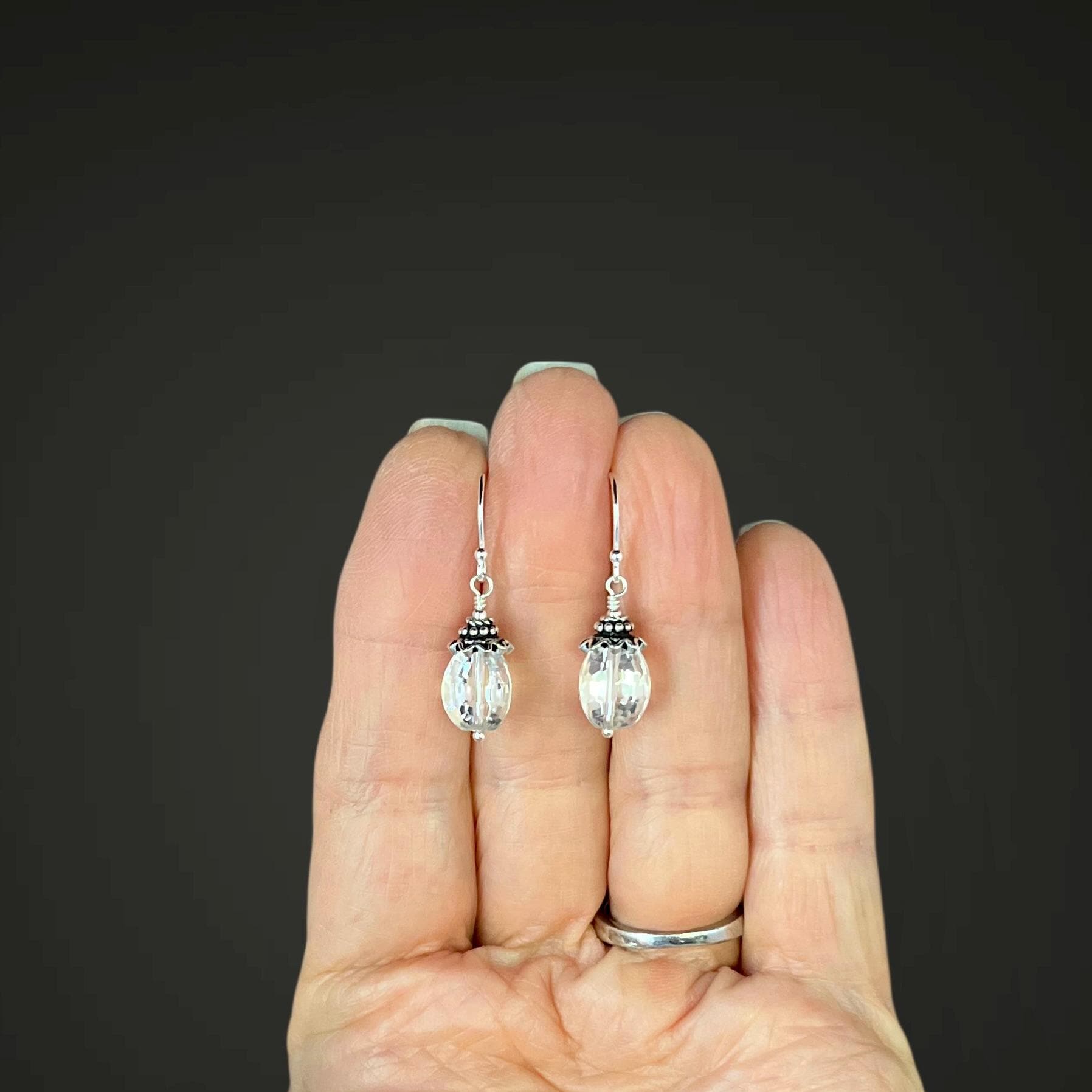 Quartz Crystal Dangle Earrings with Bali Sterling Silver Caps