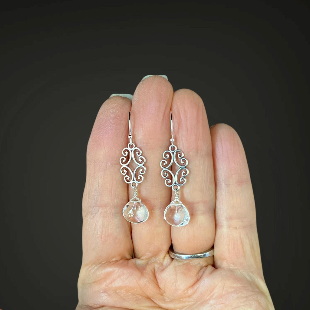 Clear Quartz Crystal Teardrop Bali Silver Filigree Earrings