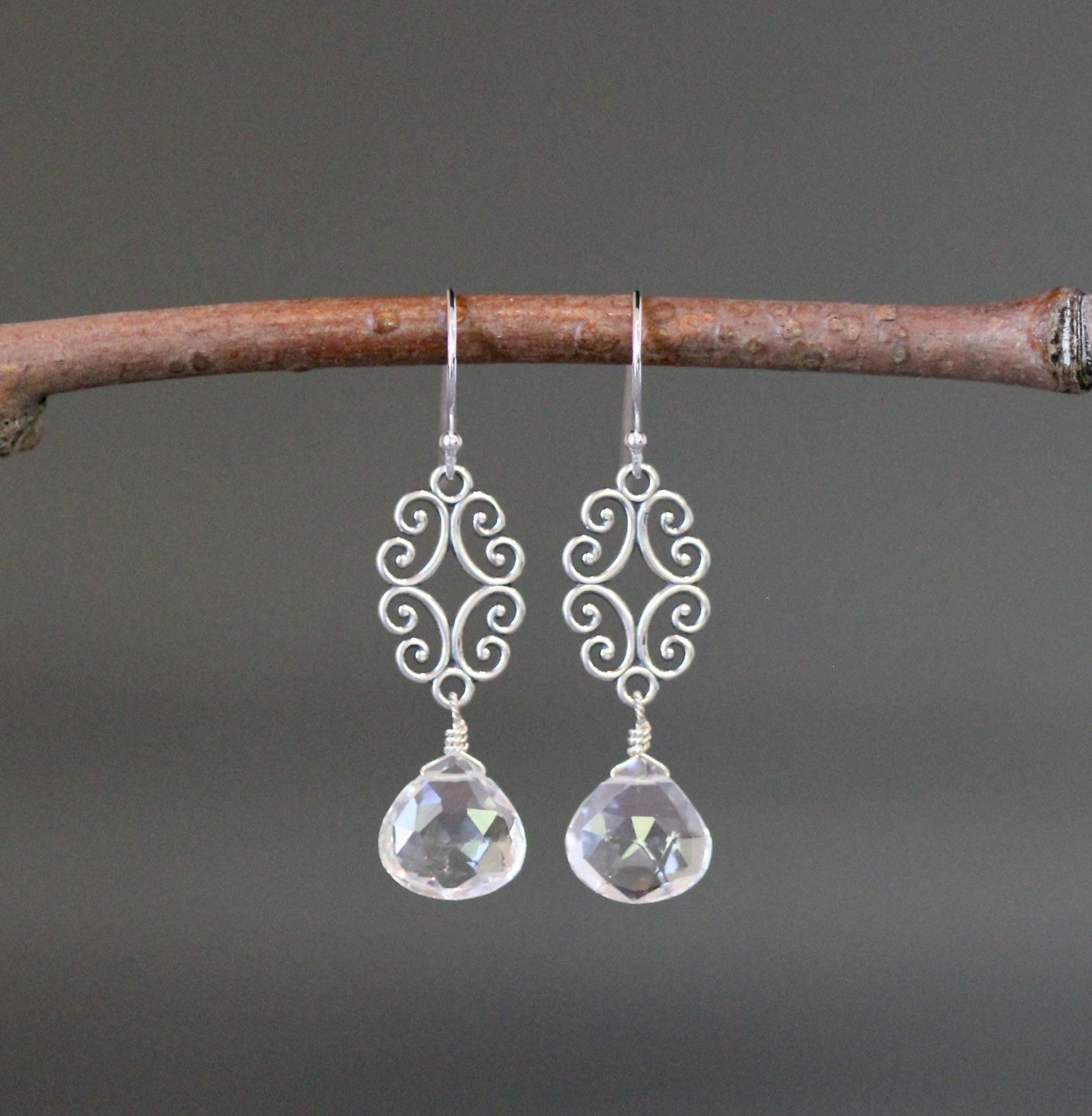 Clear Quartz Crystal Teardrop Bali Silver Filigree Earrings