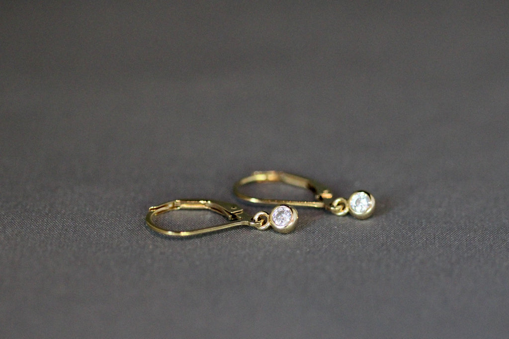 Clear Cubic Zirconia Bezel Dangle Earrings on Gold Filled Leverbacks