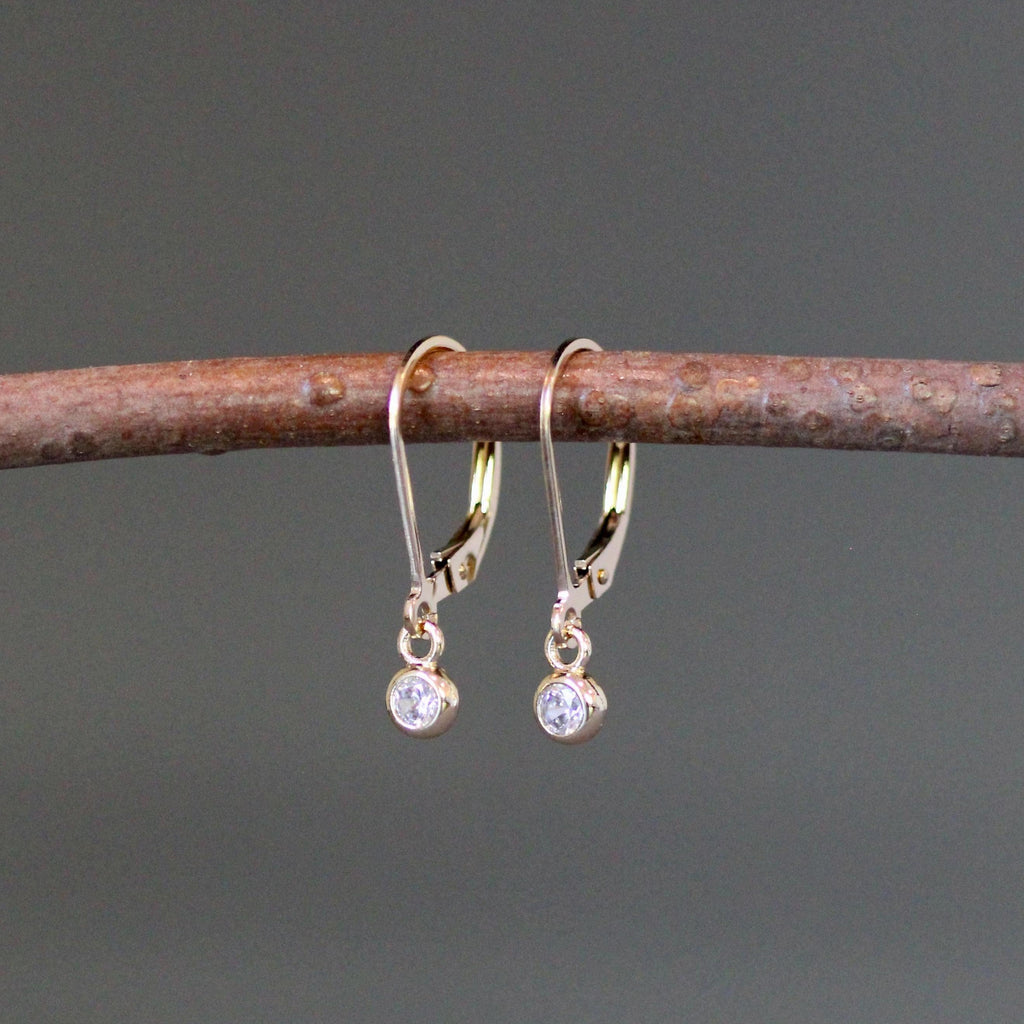 Clear Cubic Zirconia Bezel Dangle Earrings on Gold Filled Leverbacks
