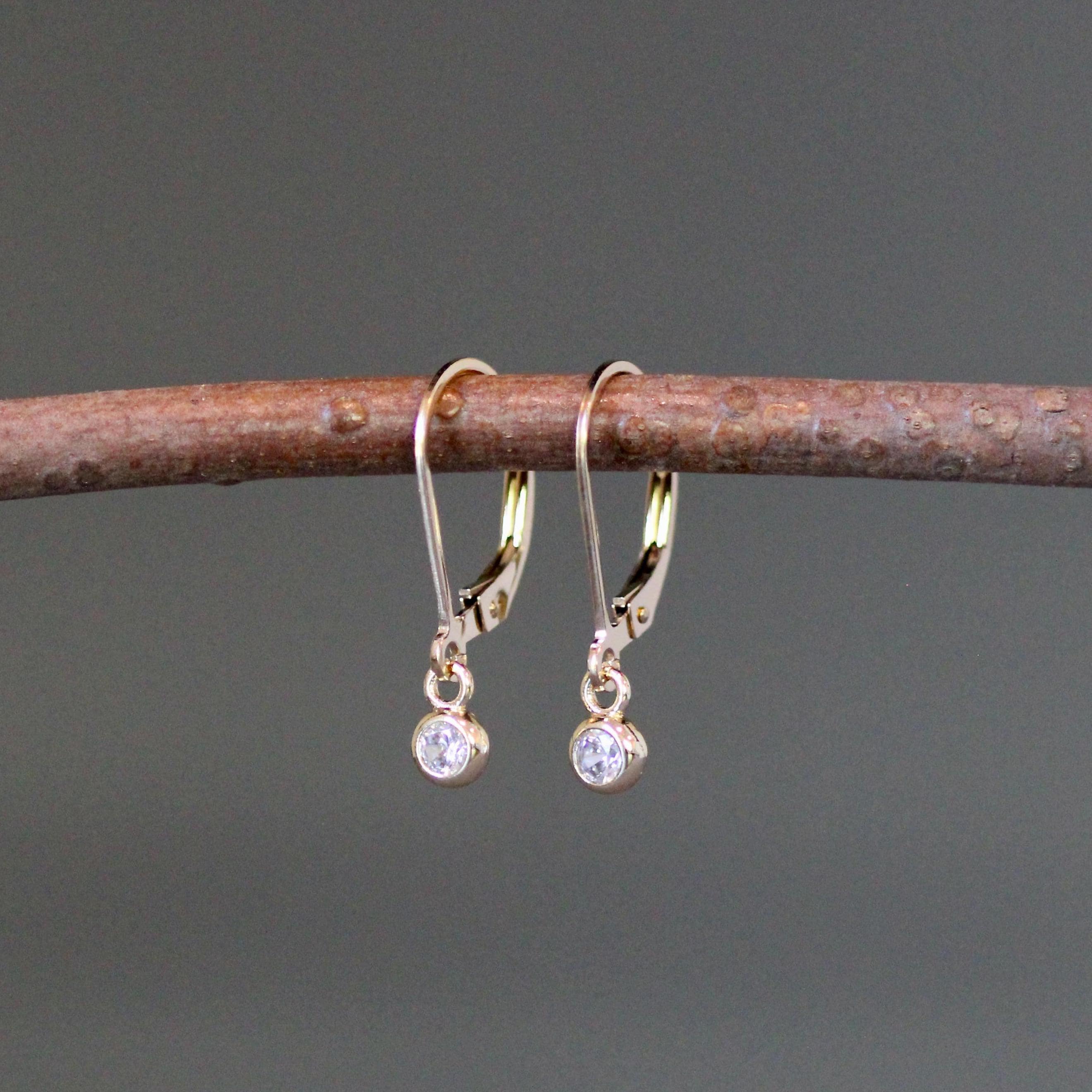 Clear Cubic Zirconia Bezel Dangle Earrings on Gold Filled Leverbacks