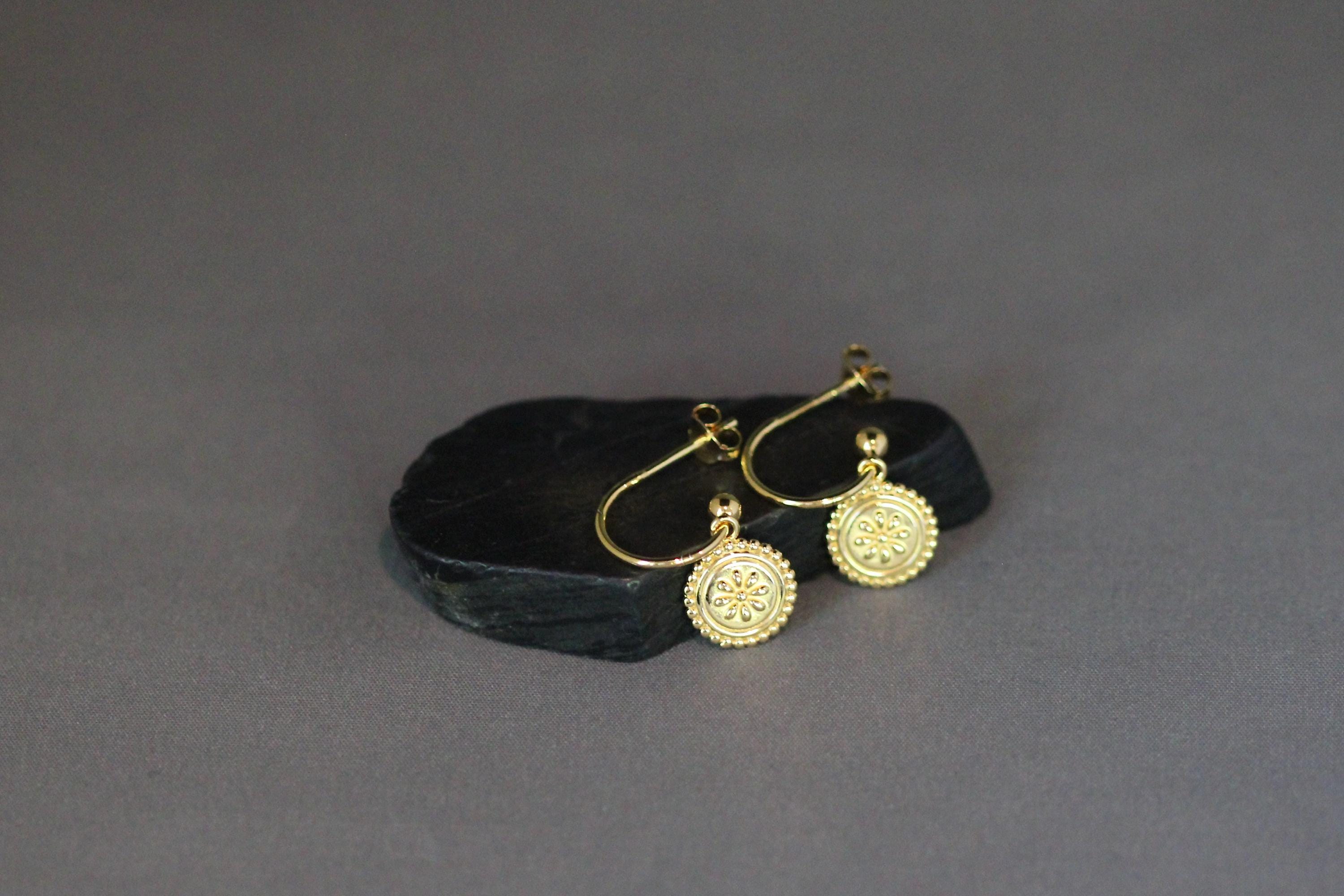 Gold Vermeil Medallion Flower Earrings on Post Hoops