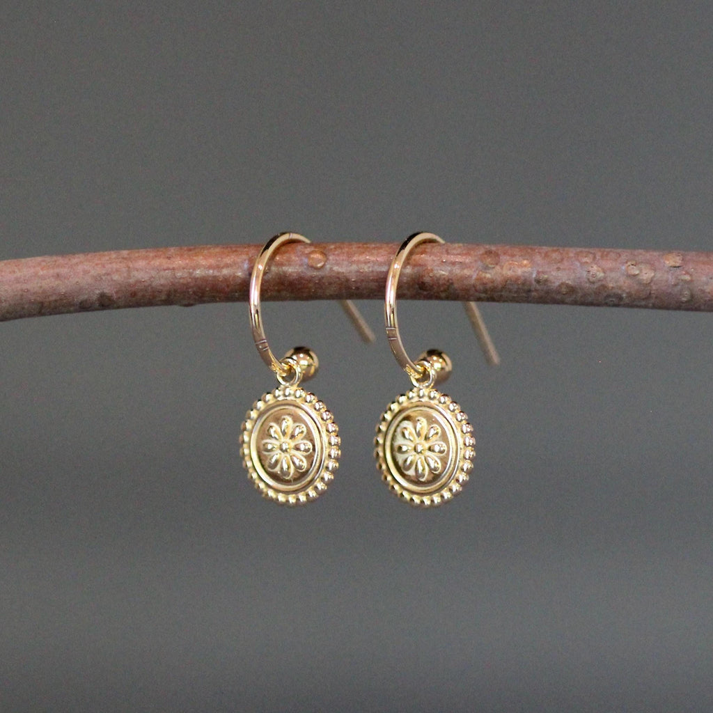 Gold Vermeil Medallion Flower Earrings on Post Hoops