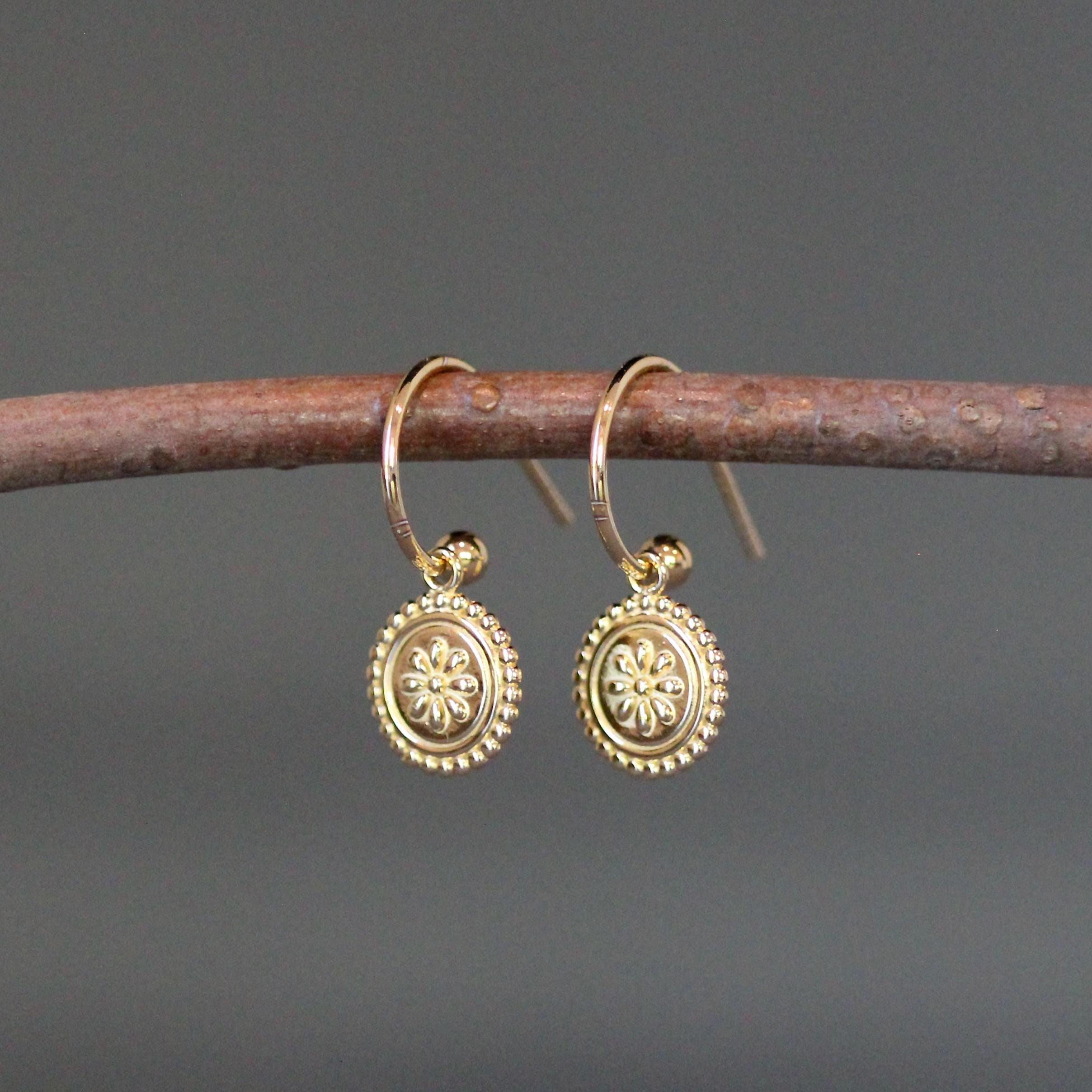 Gold Vermeil Medallion Flower Earrings on Post Hoops