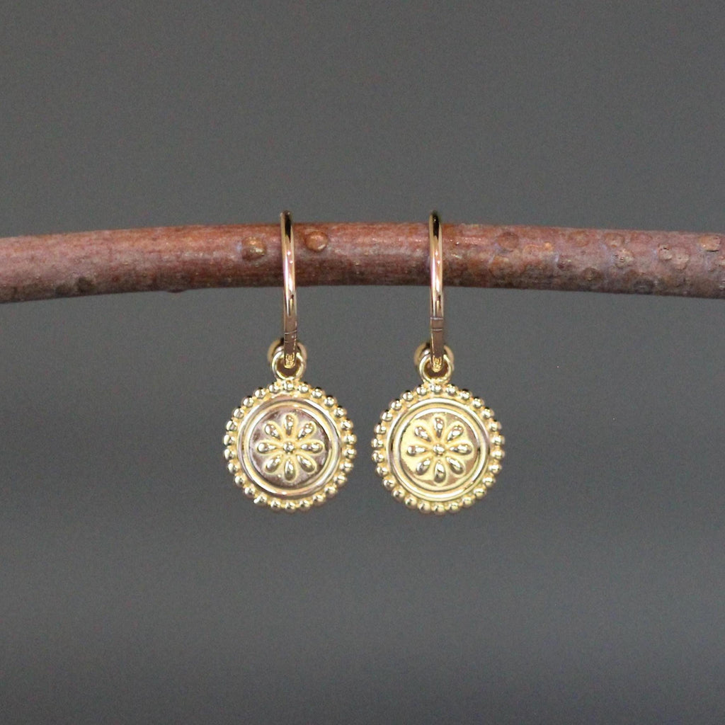 Gold Vermeil Medallion Flower Earrings on Post Hoops