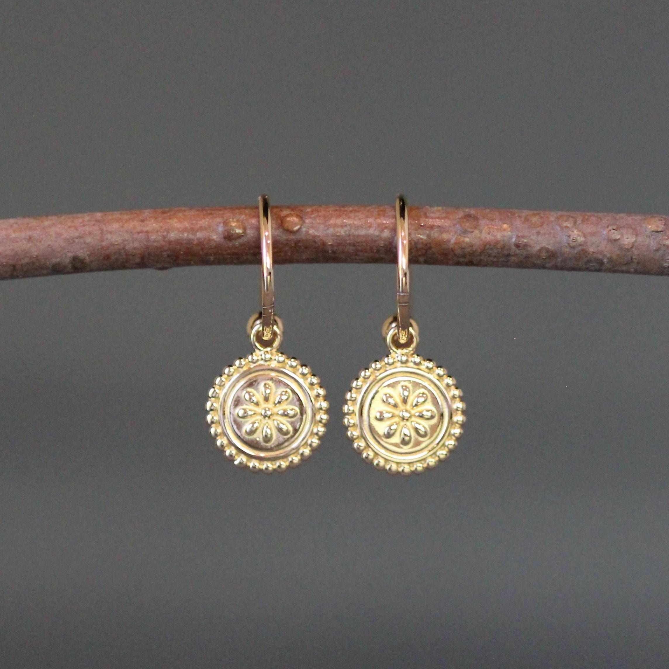 Gold Vermeil Medallion Flower Earrings on Post Hoops