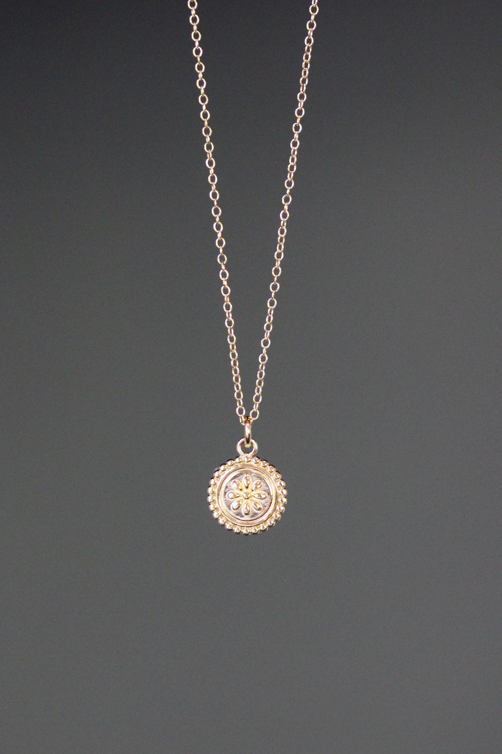 Small Gold Vermeil Floral Medallion Pendant Necklace on Gold Filled Chain
