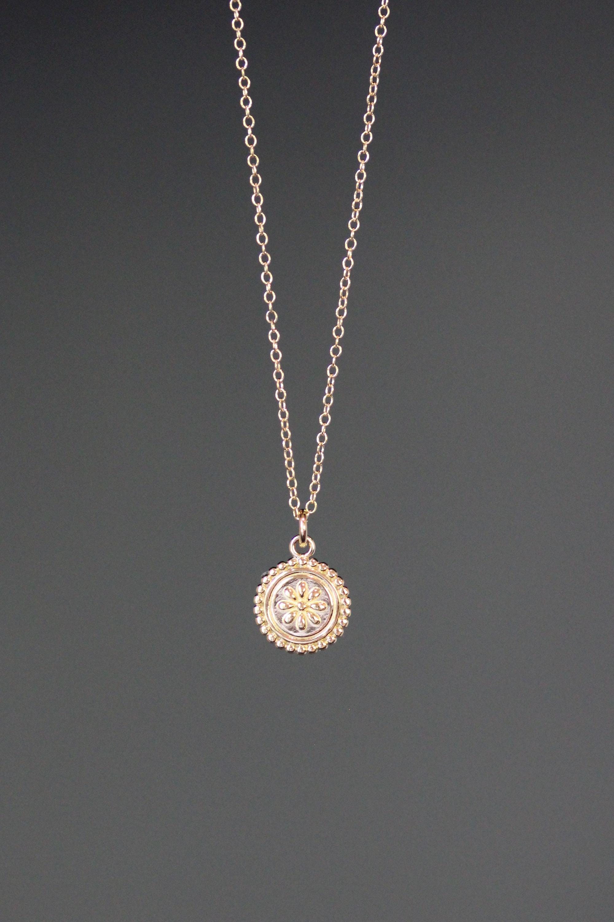 Small Gold Vermeil Floral Medallion Pendant Necklace on Gold Filled Chain