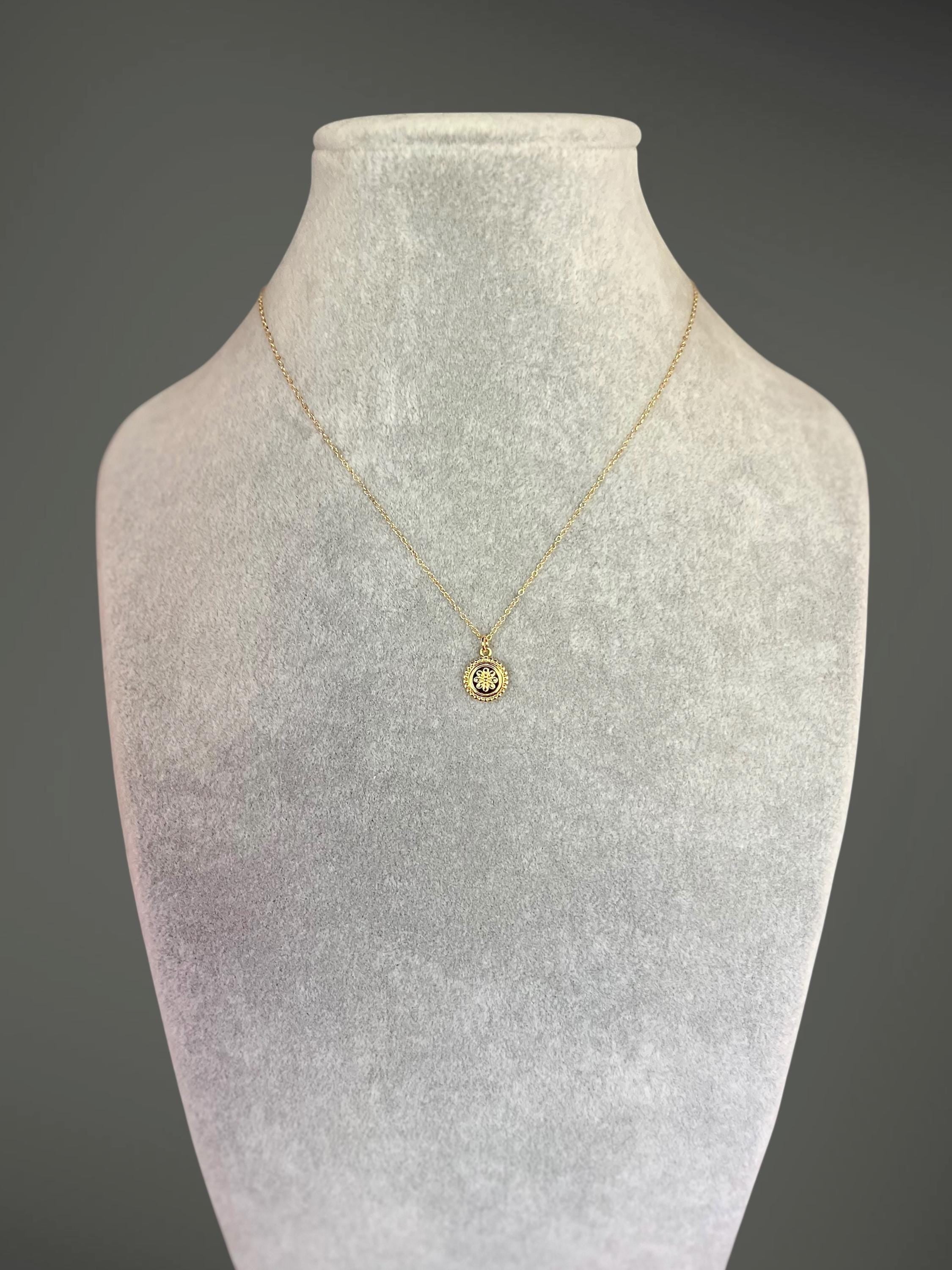 Small Gold Vermeil Floral Medallion Pendant Necklace on Gold Filled Chain