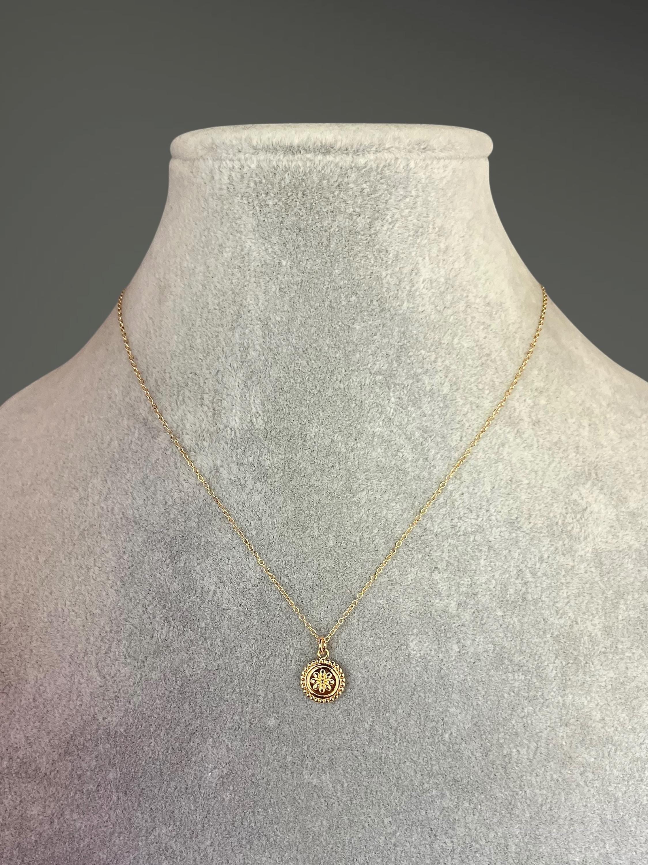 Small Gold Vermeil Floral Medallion Pendant Necklace on Gold Filled Chain