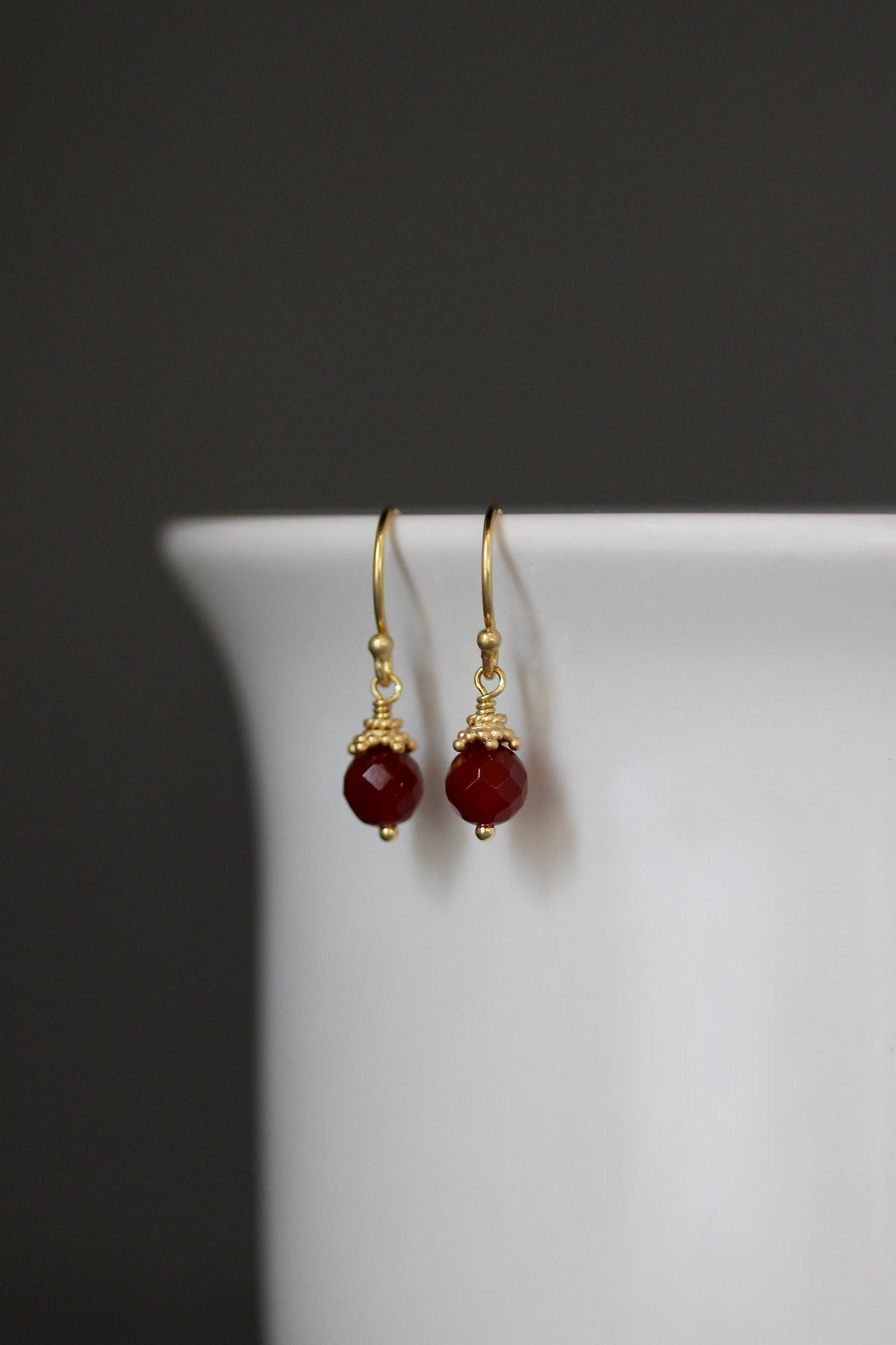 Carnelian Round Stone Dangle Earrings with Gold Vermeil Caps