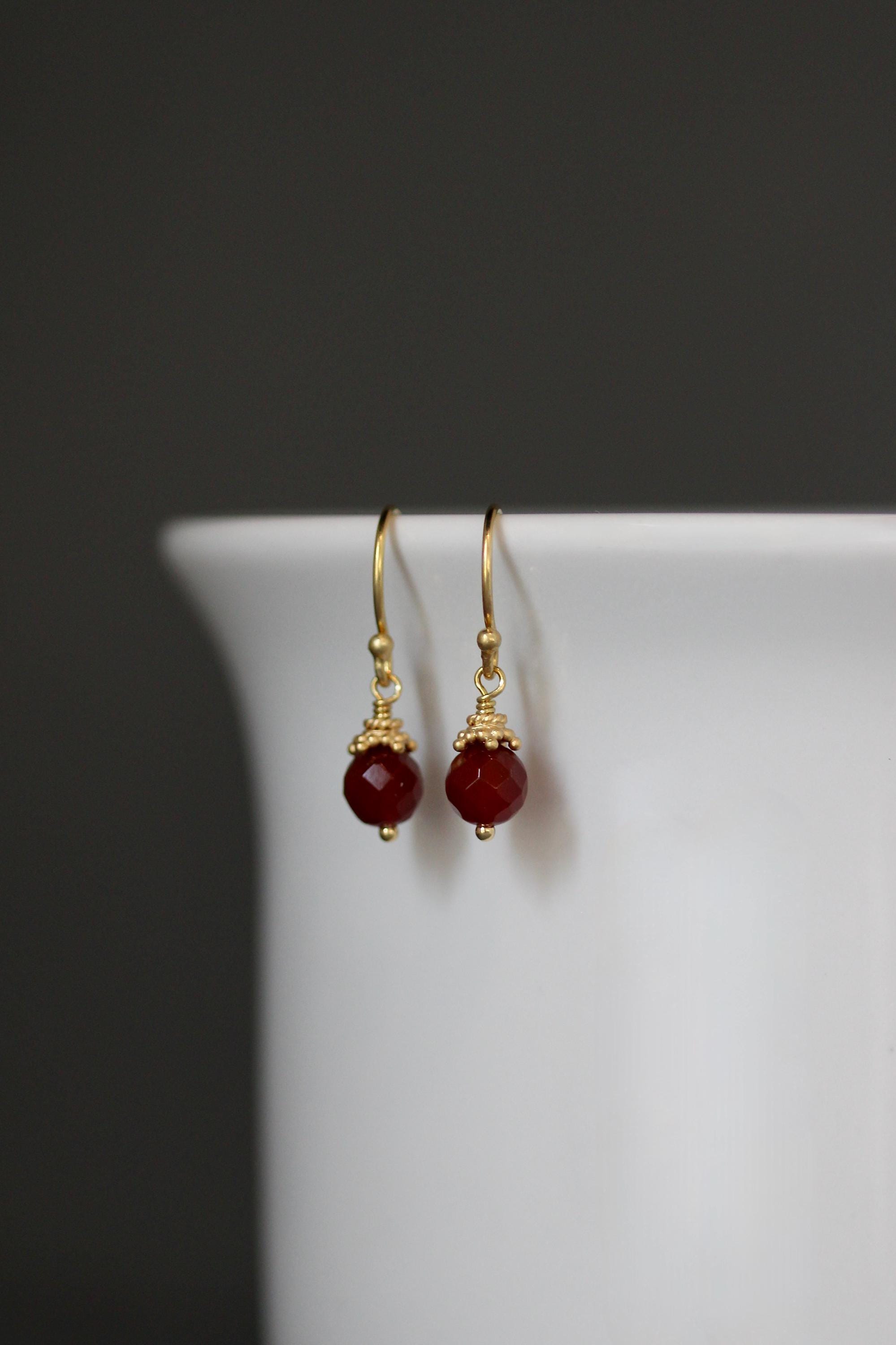 Carnelian Round Stone Dangle Earrings with Gold Vermeil Caps