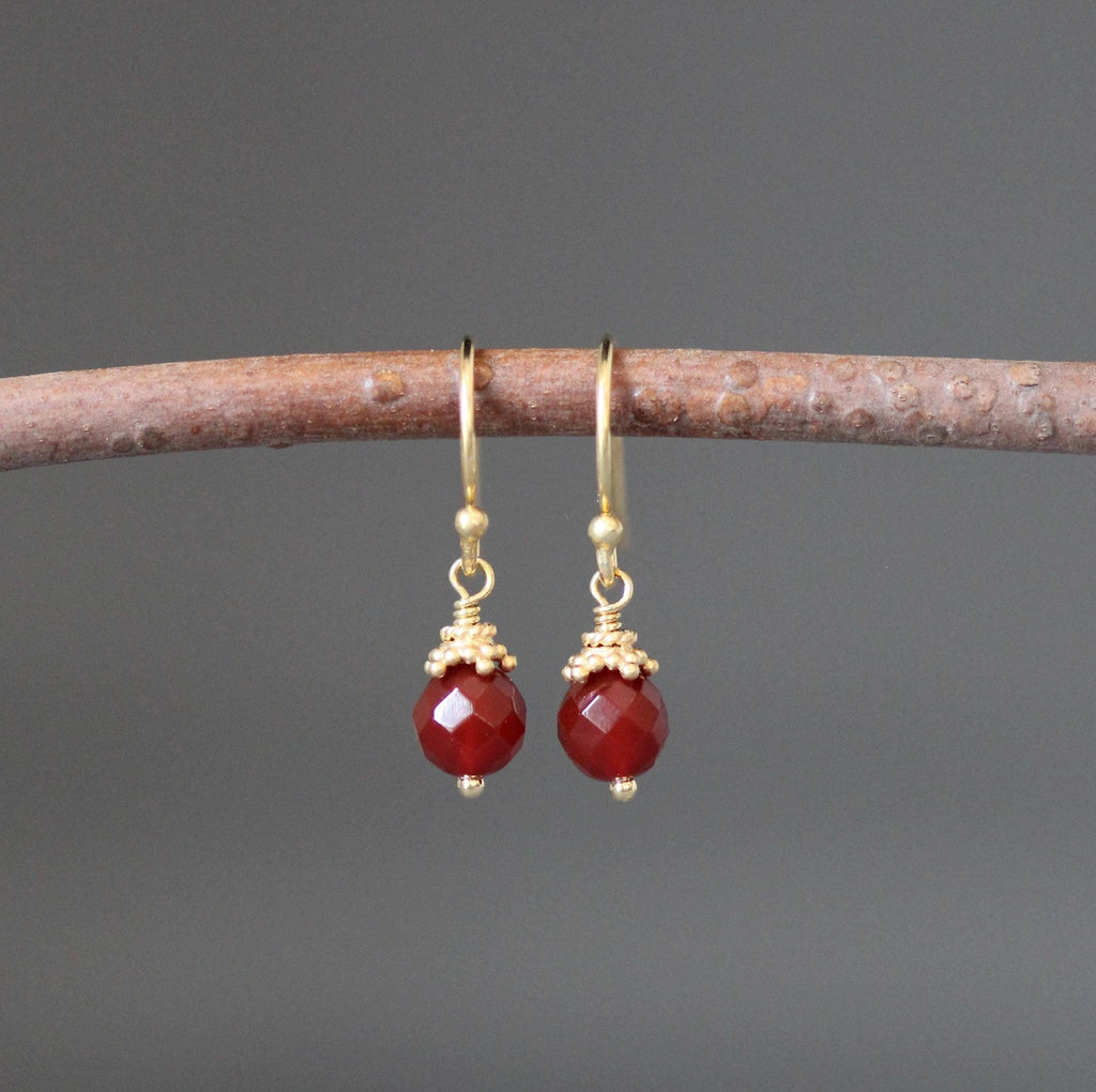 Carnelian Round Stone Dangle Earrings with Gold Vermeil Caps